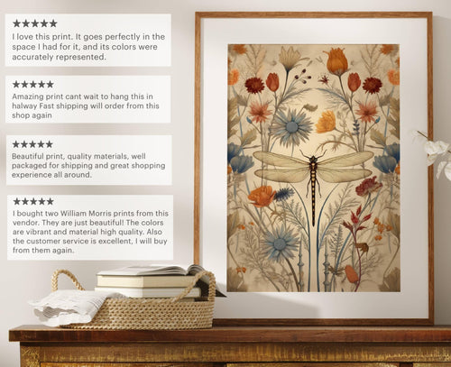 Dragonfly Wall Art, Dragonfly Print, William Morris, Aesthetic Wall Decor, Floral Prints, Artful Art, Floral Poster, Dragonfly Gifts For Her