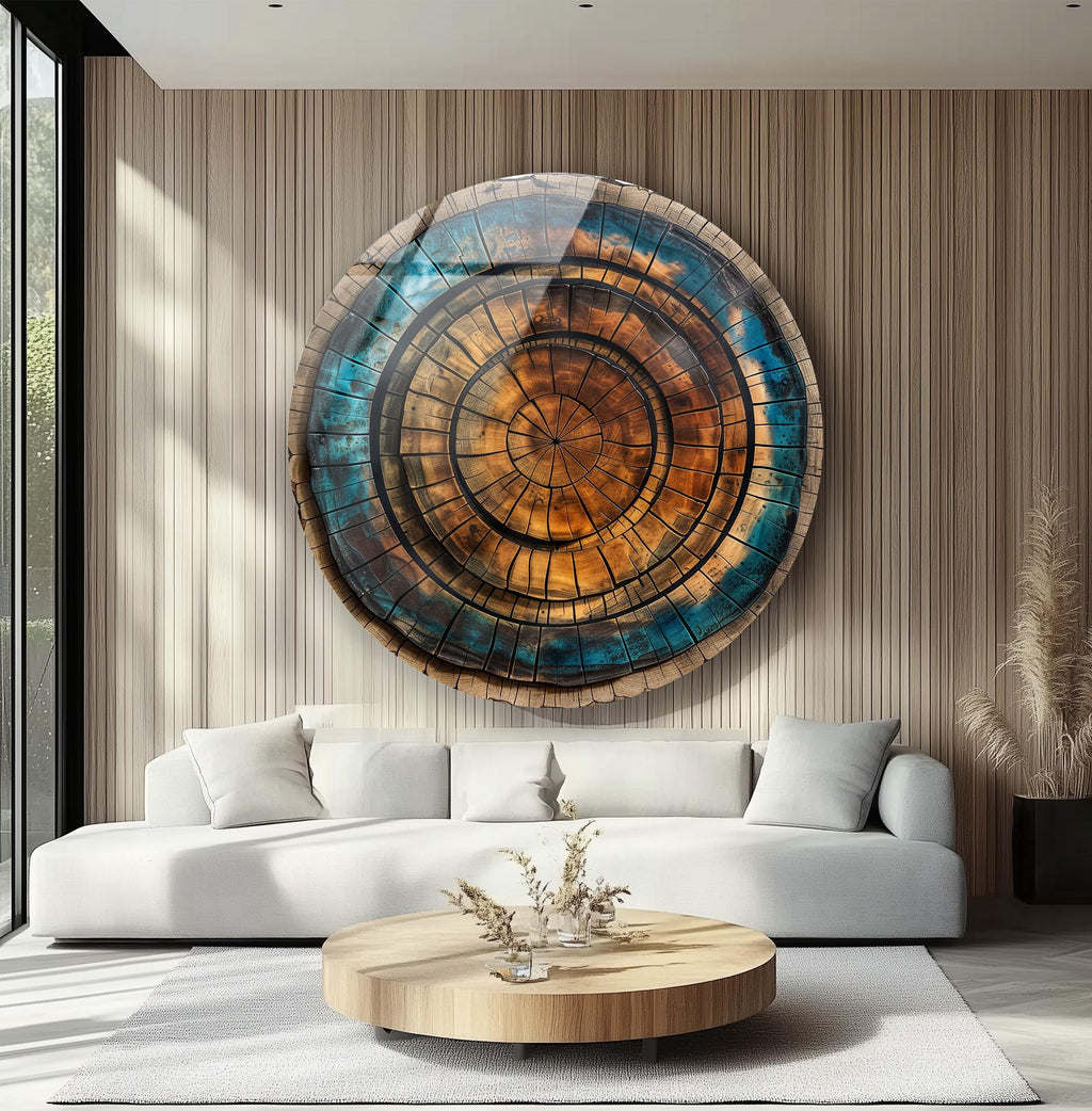 Tree Ring Glass Wall Art: Abstract Wood Pattern, Blue & Brown