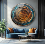Tree Ring Glass Wall Art: Abstract Wood Pattern, Blue & Brown