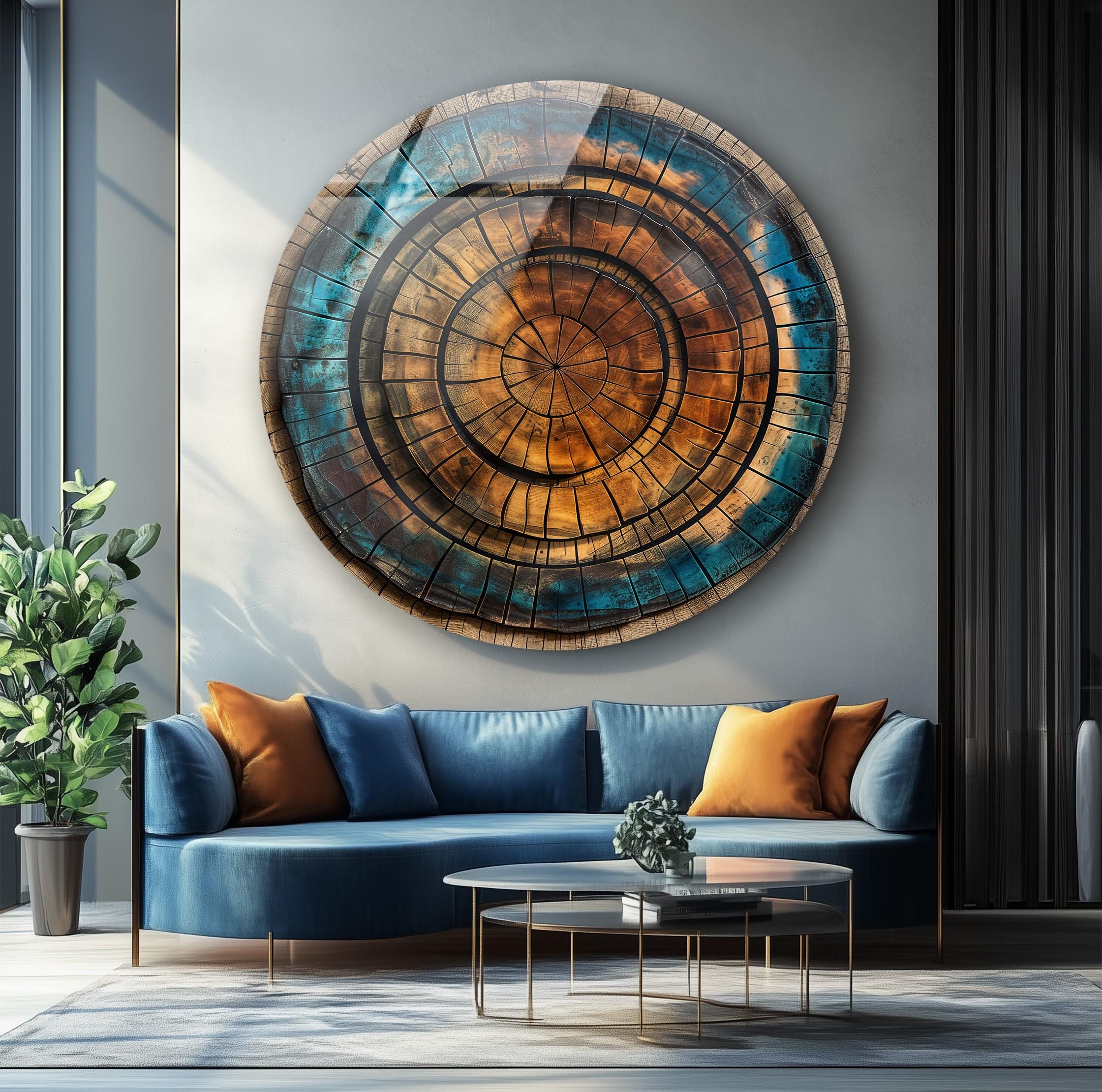 Tree Ring Glass Wall Art: Abstract Wood Pattern, Blue & Brown