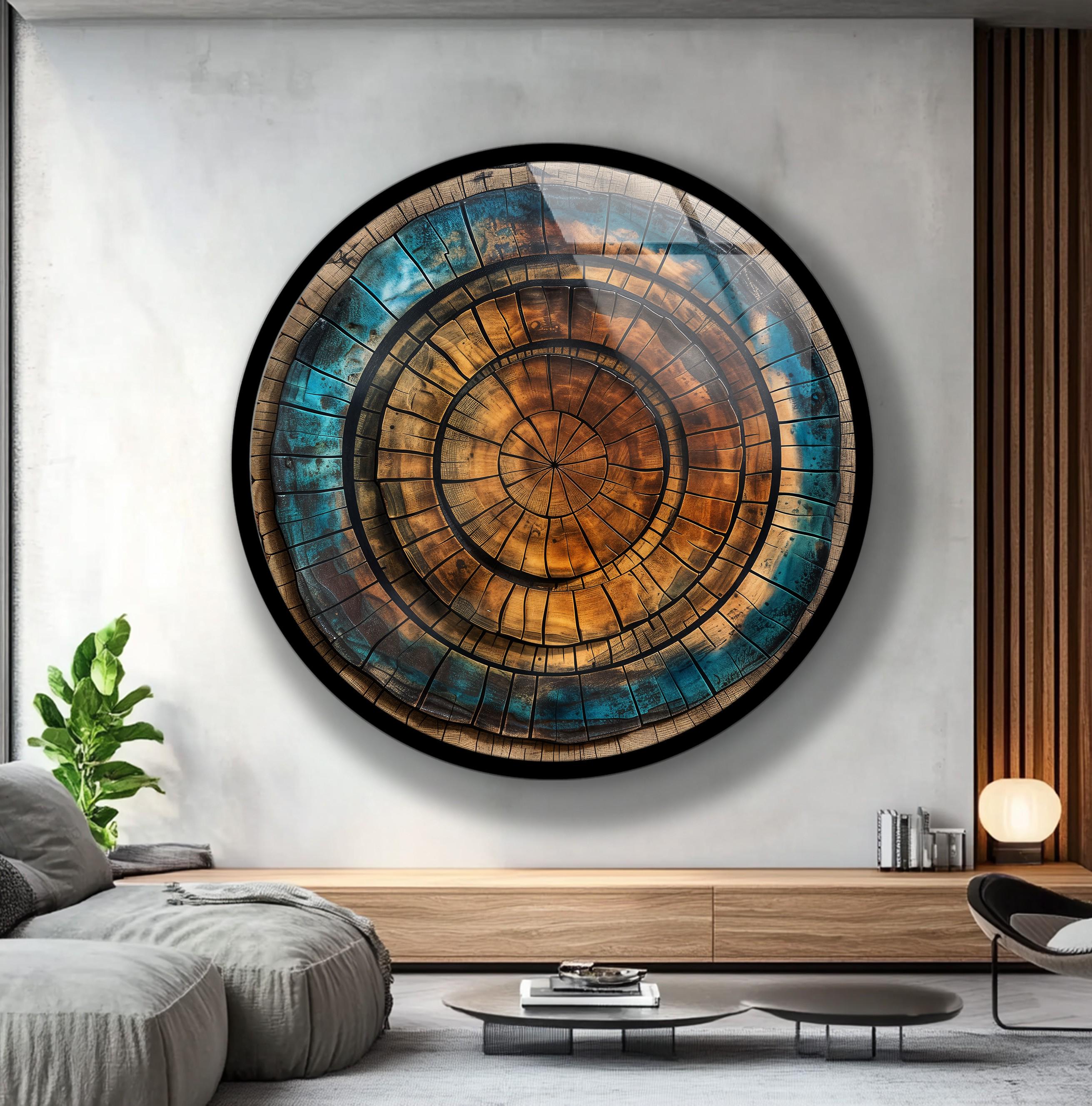 Tree Ring Glass Wall Art: Abstract Wood Pattern, Blue & Brown