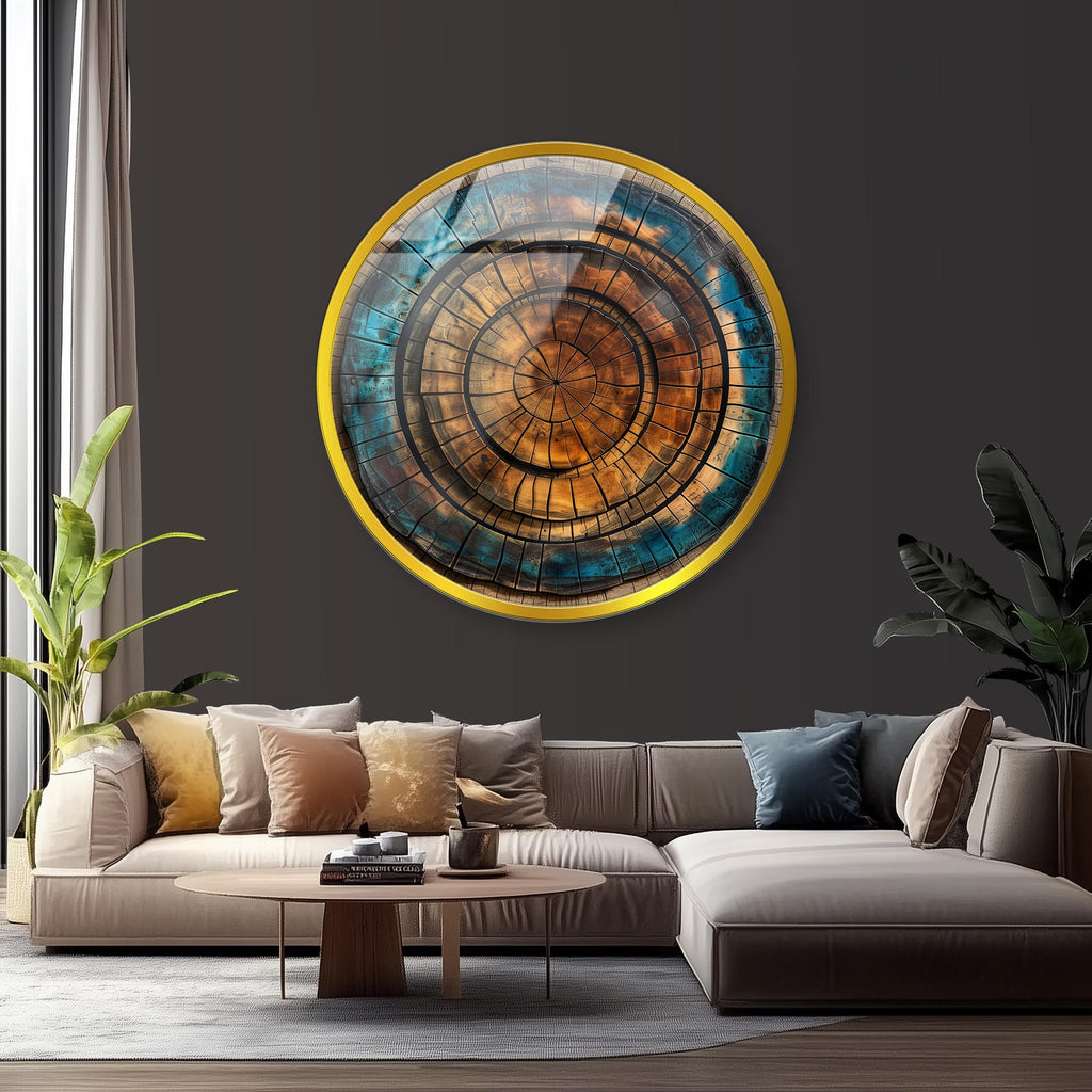 Tree Ring Glass Wall Art: Abstract Wood Pattern, Blue & Brown