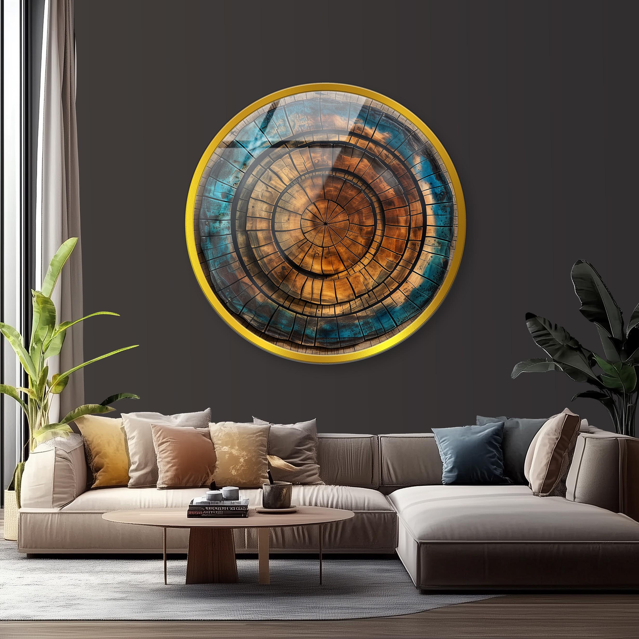 Tree Ring Glass Wall Art: Abstract Wood Pattern, Blue & Brown