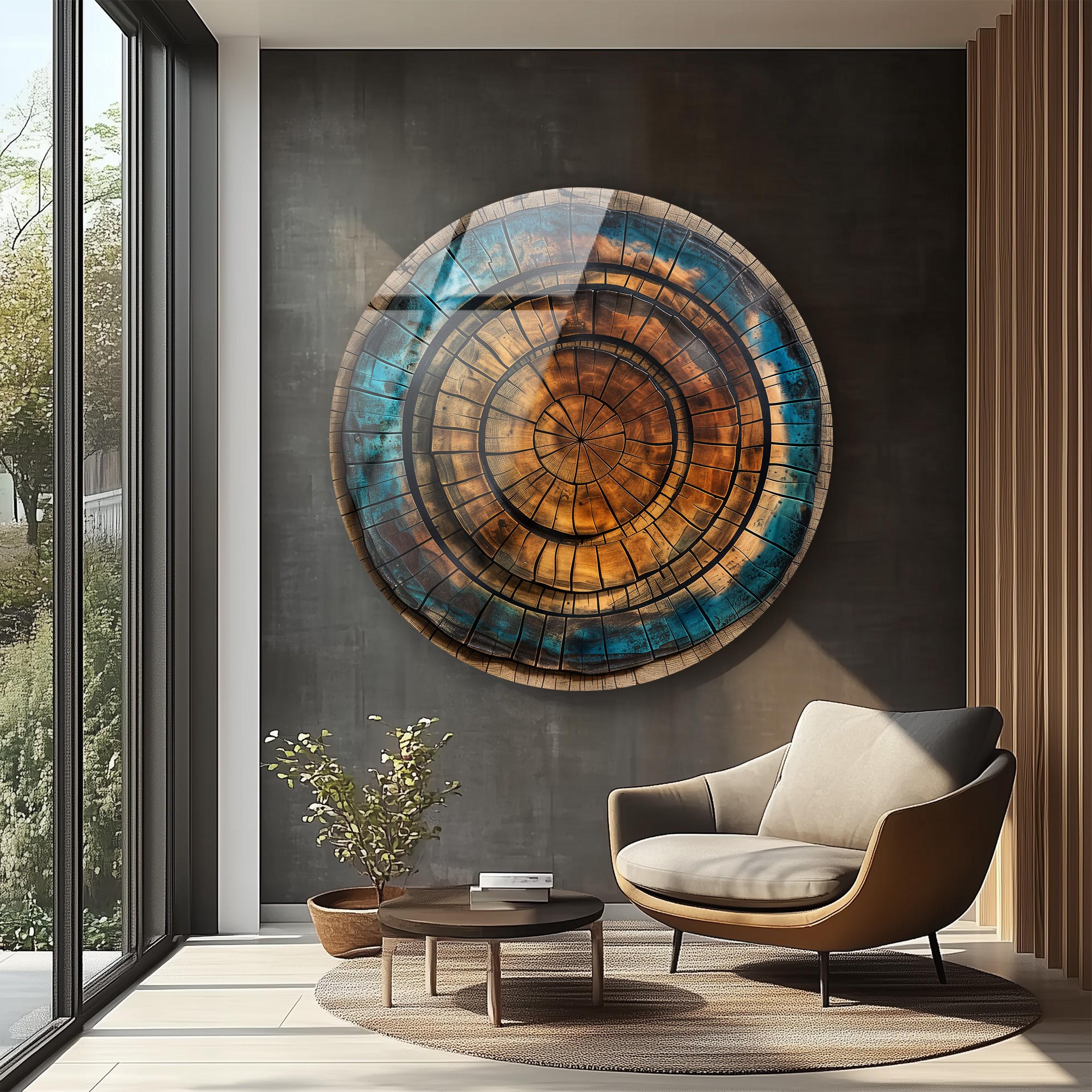 Tree Ring Glass Wall Art: Abstract Wood Pattern, Blue & Brown