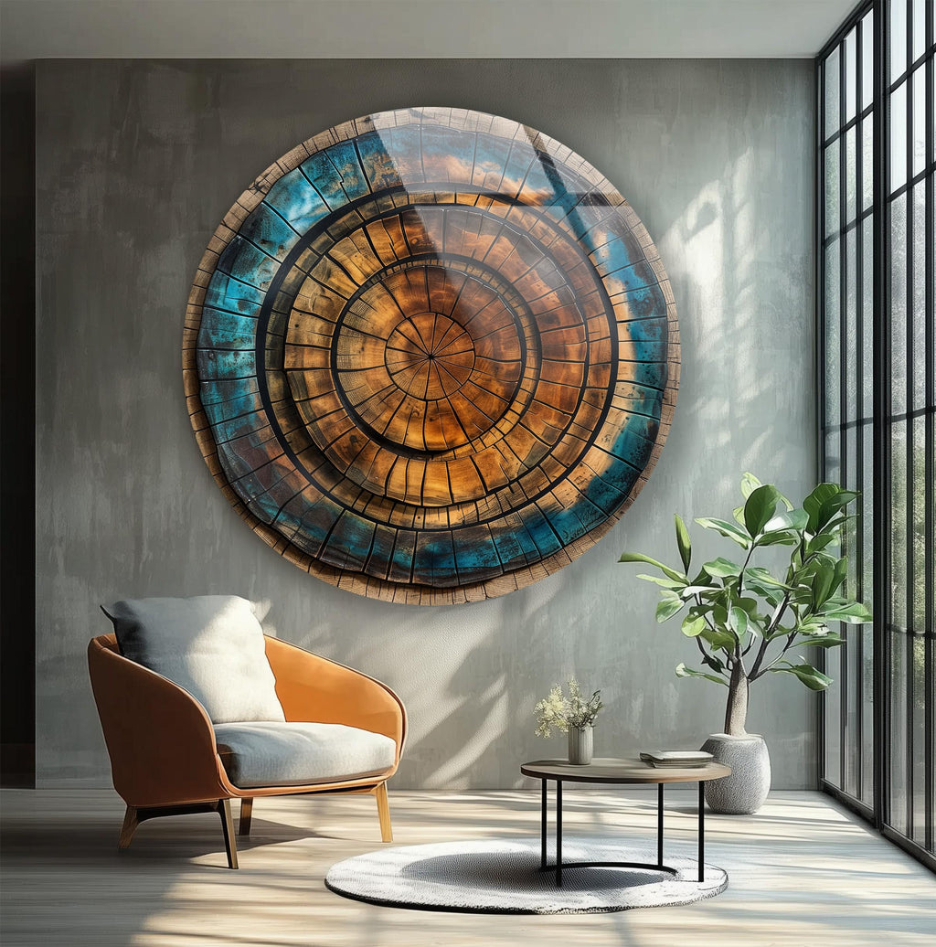 Tree Ring Glass Wall Art: Abstract Wood Pattern, Blue & Brown