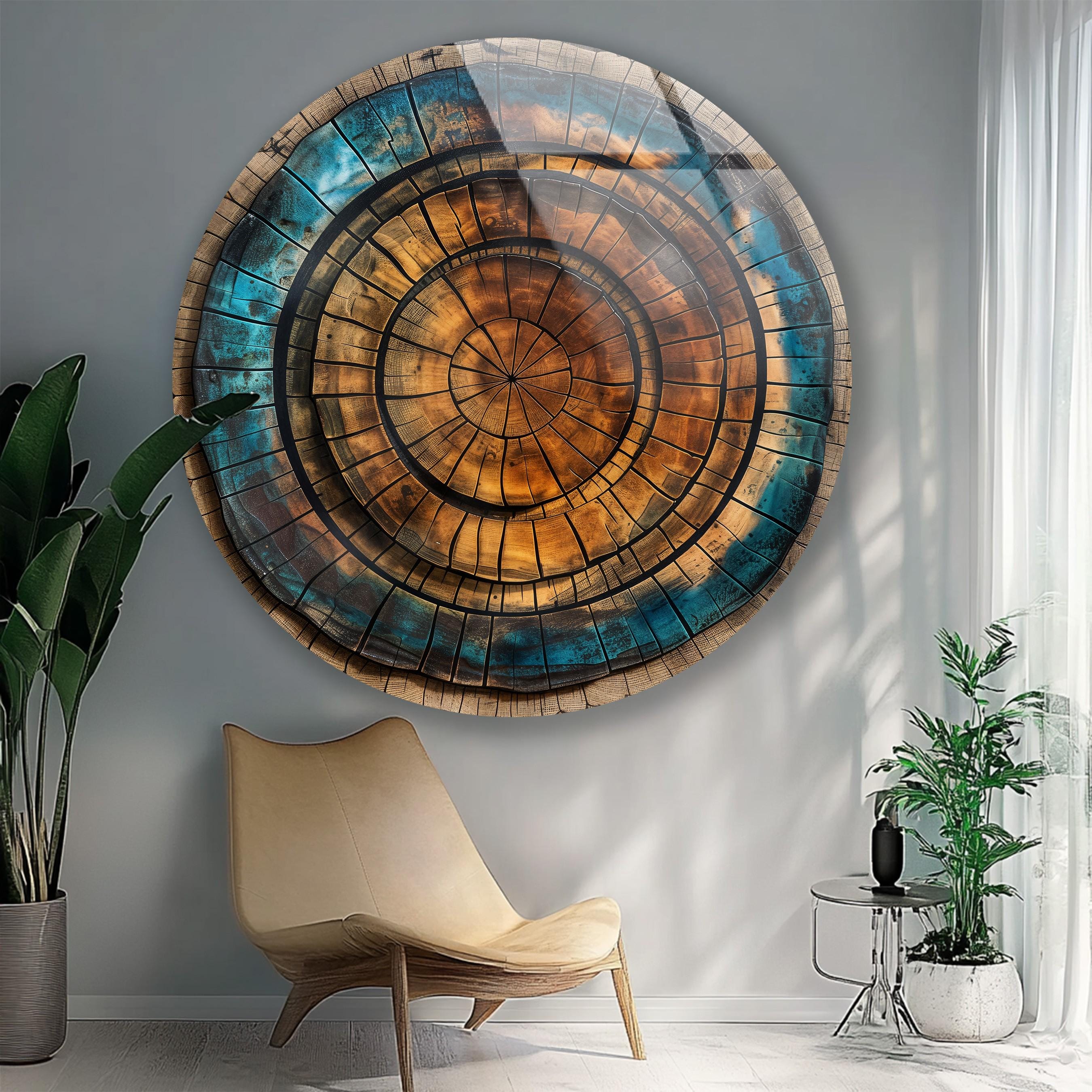 Tree Ring Glass Wall Art: Abstract Wood Pattern, Blue & Brown