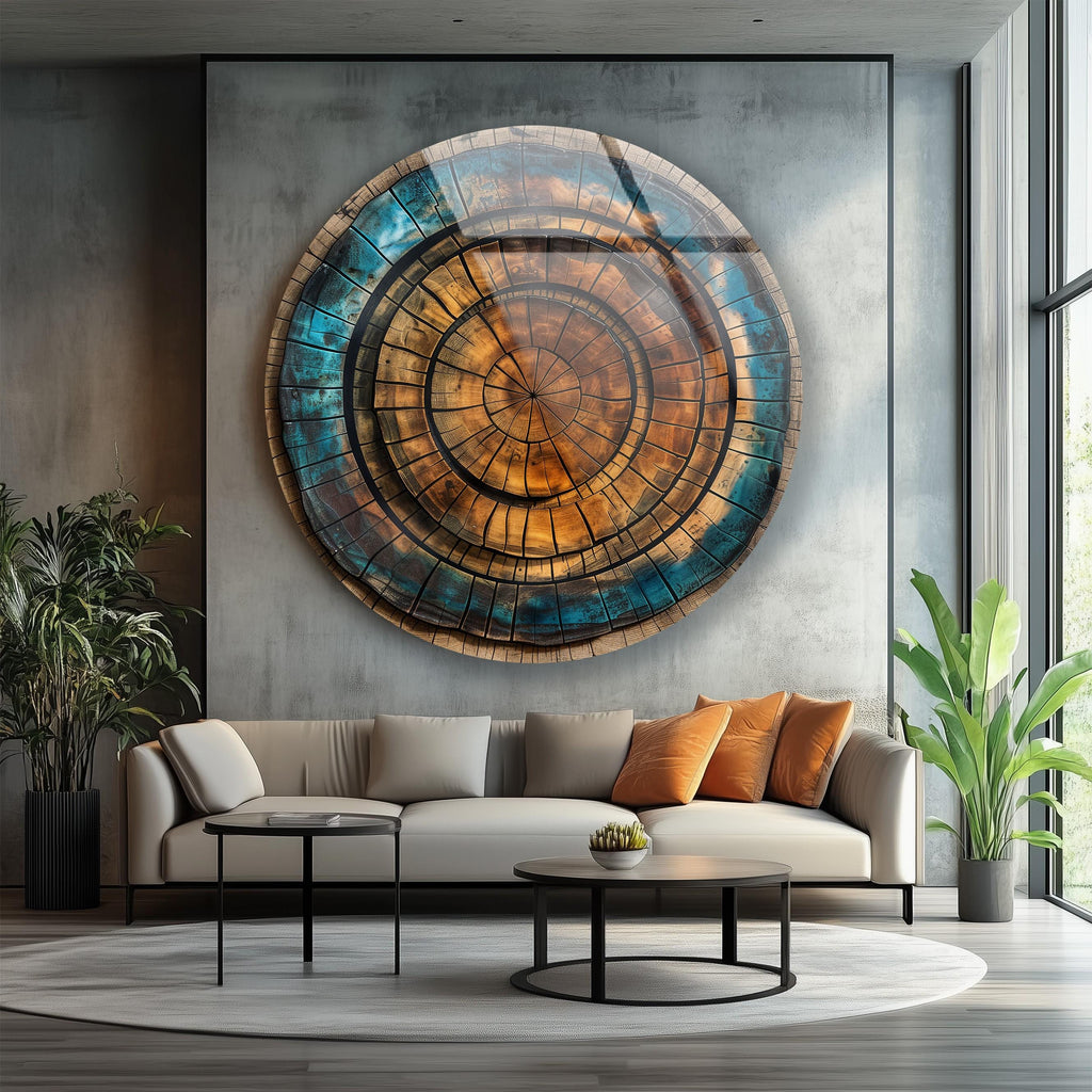 Tree Ring Glass Wall Art: Abstract Wood Pattern, Blue & Brown
