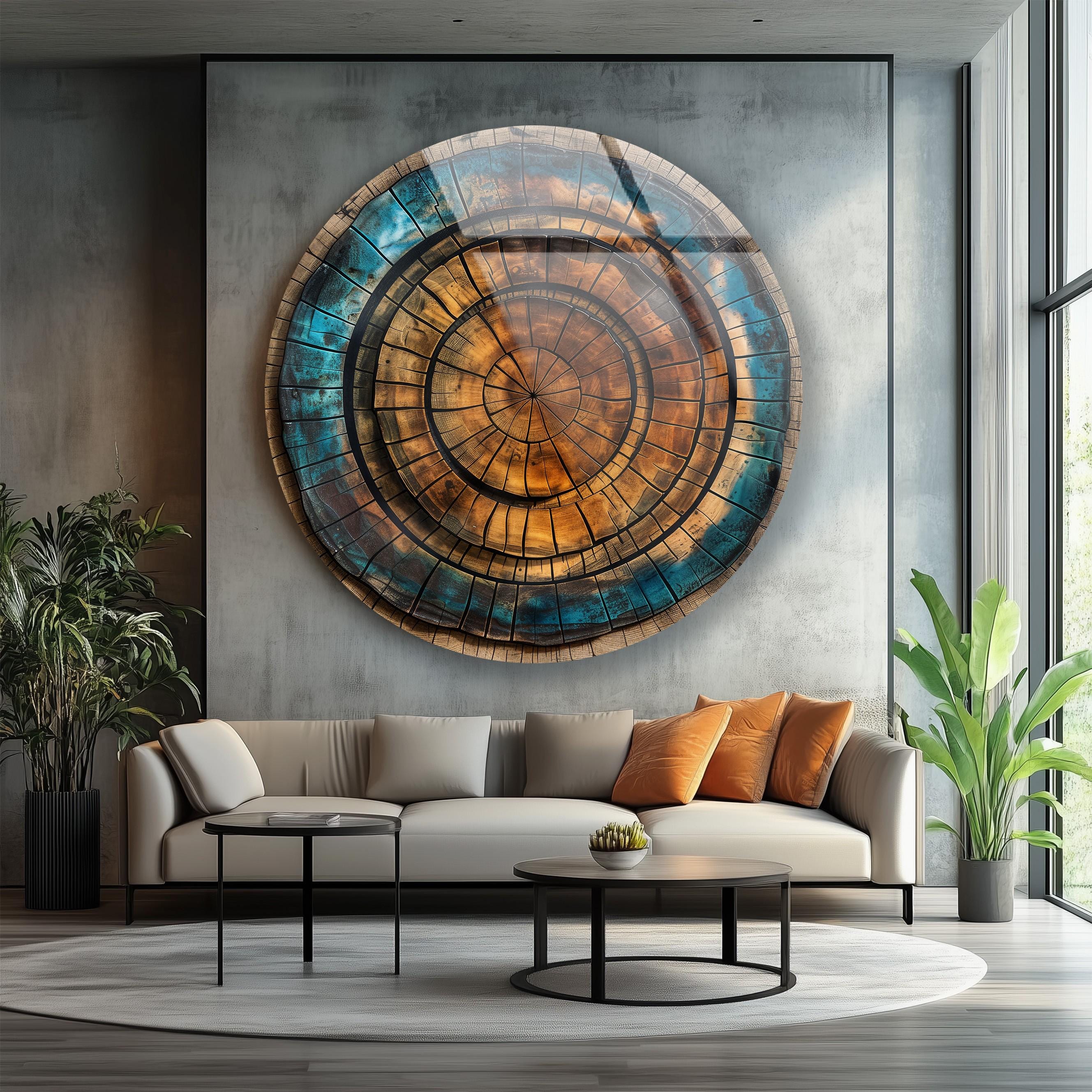 Tree Ring Glass Wall Art: Abstract Wood Pattern, Blue & Brown