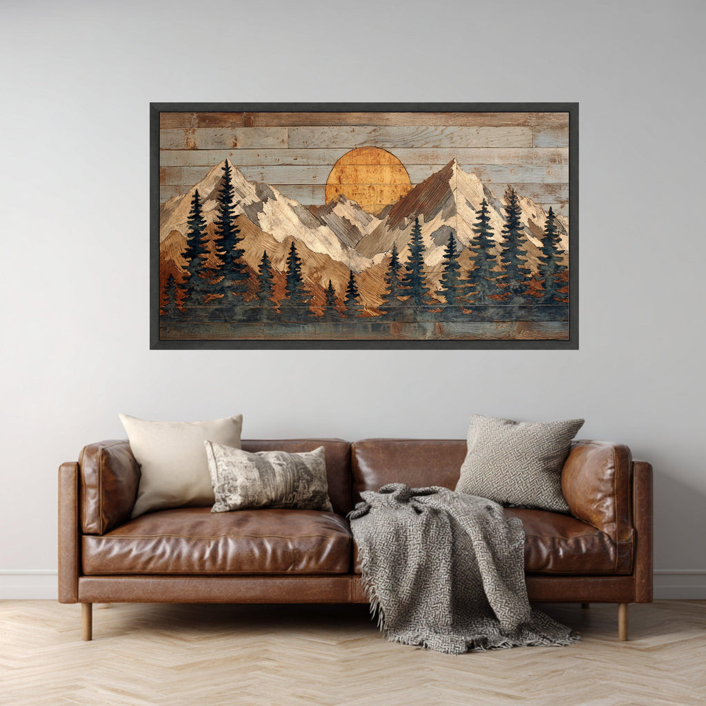 Rustic Mountain Sunrise Canvas Wall Art, Woodland Pines Landscape, Home Decor, Wooden Wall Art, Cabin Style Decoration