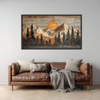 Rustic Mountain Sunrise Canvas Wall Art, Woodland Pines Landscape, Home Decor, Wooden Wall Art, Cabin Style Decoration