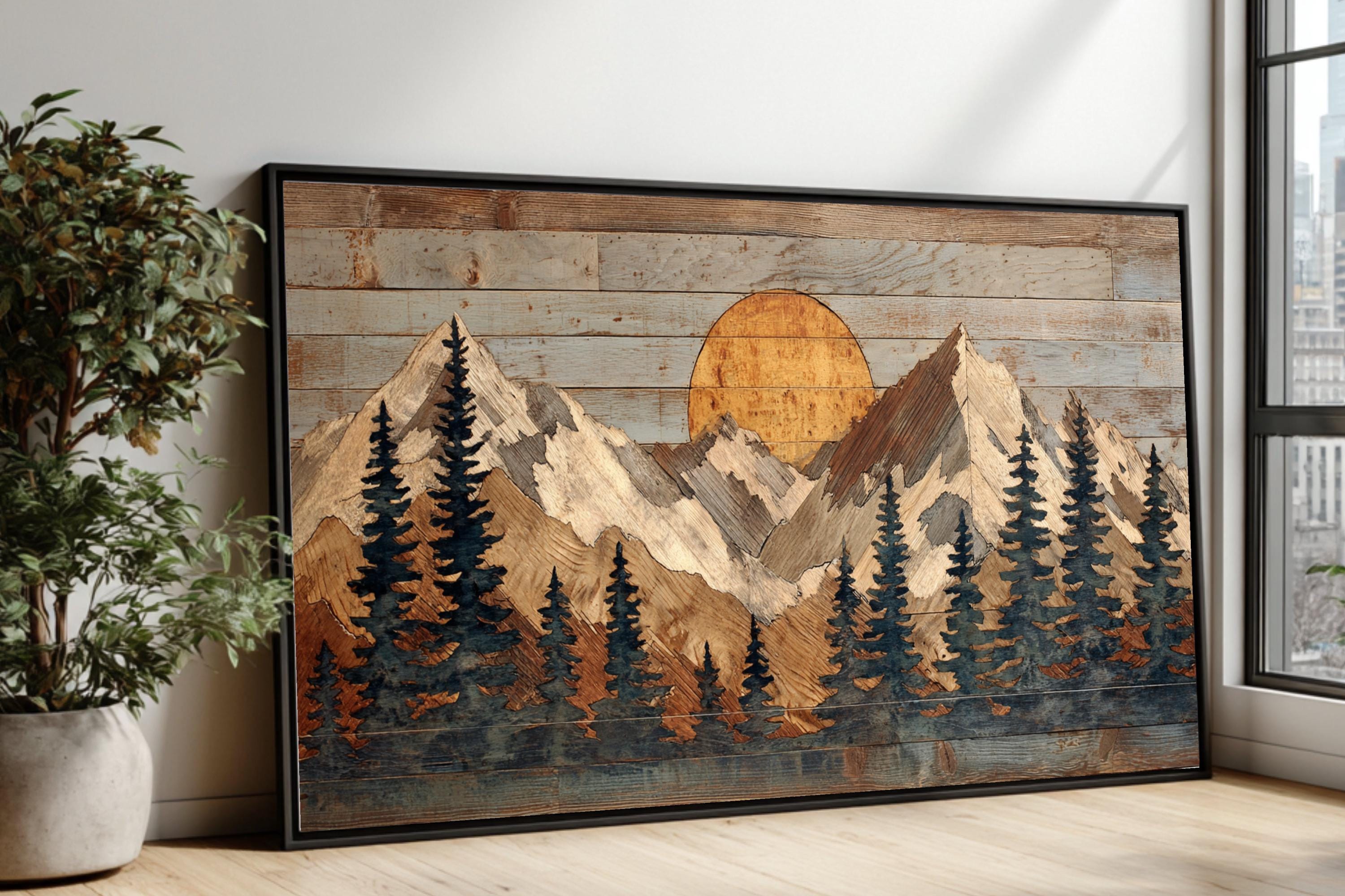 Rustic Mountain Sunrise Canvas Wall Art, Woodland Pines Landscape, Home Decor, Wooden Wall Art, Cabin Style Decoration