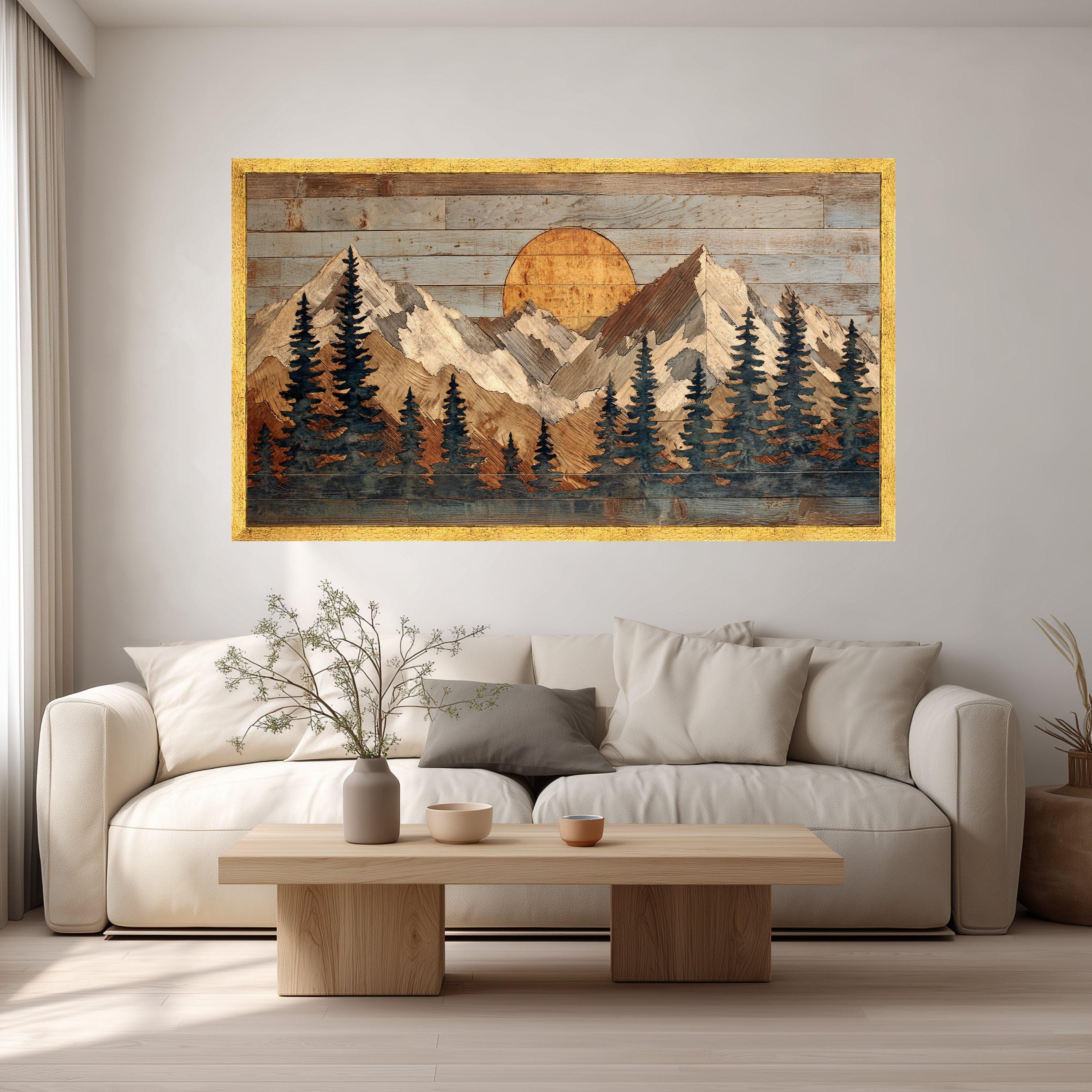 Rustic Mountain Sunrise Canvas Wall Art, Woodland Pines Landscape, Home Decor, Wooden Wall Art, Cabin Style Decoration