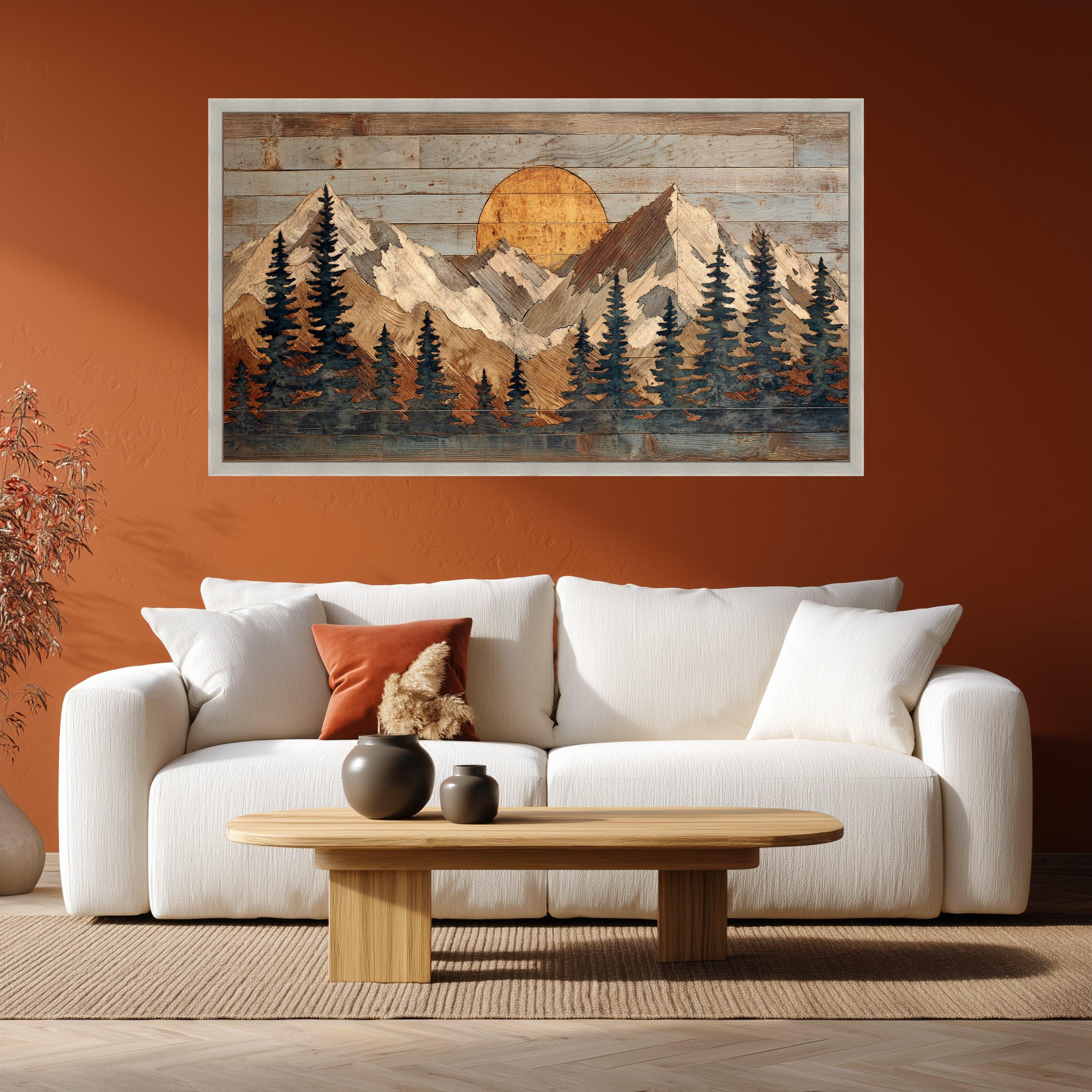 Rustic Mountain Sunrise Canvas Wall Art, Woodland Pines Landscape, Home Decor, Wooden Wall Art, Cabin Style Decoration