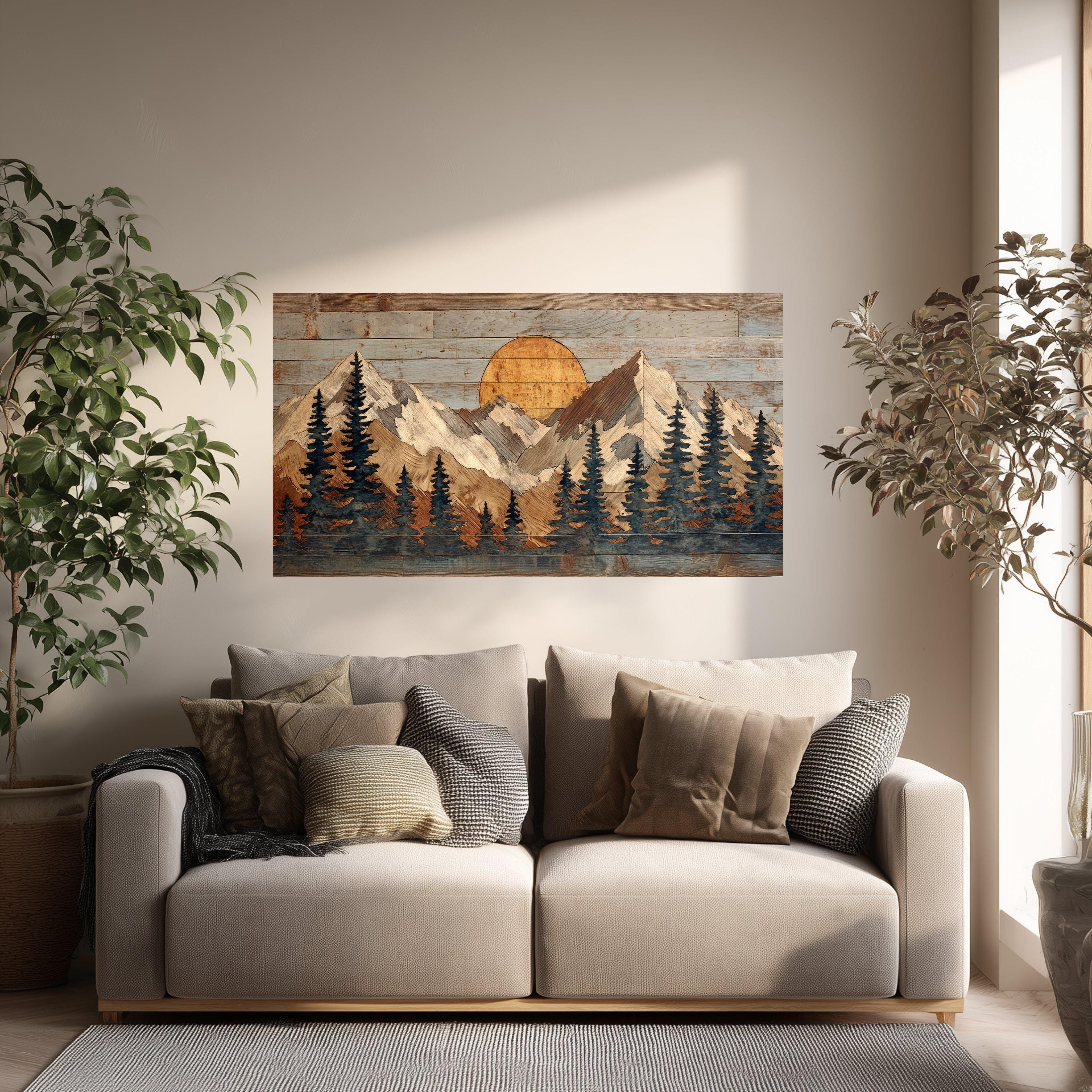 Rustic Mountain Sunrise Canvas Wall Art, Woodland Pines Landscape, Home Decor, Wooden Wall Art, Cabin Style Decoration