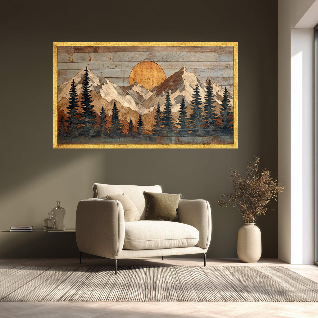 Rustic Mountain Sunrise Canvas Wall Art, Woodland Pines Landscape, Home Decor, Wooden Wall Art, Cabin Style Decoration