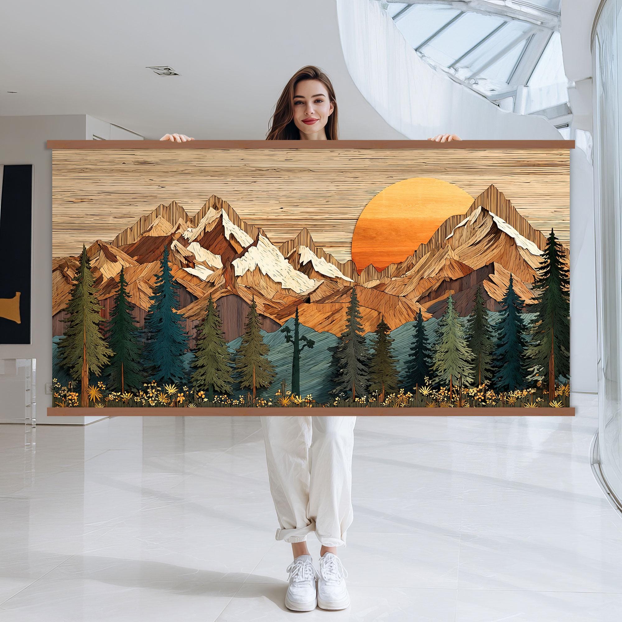 Wood Wall Art Mountain Canvas Wall Art Hanger, Wood Texture Canvas Print, Abstract Mountain Wall Art Living Room, Extra Large Wall Art