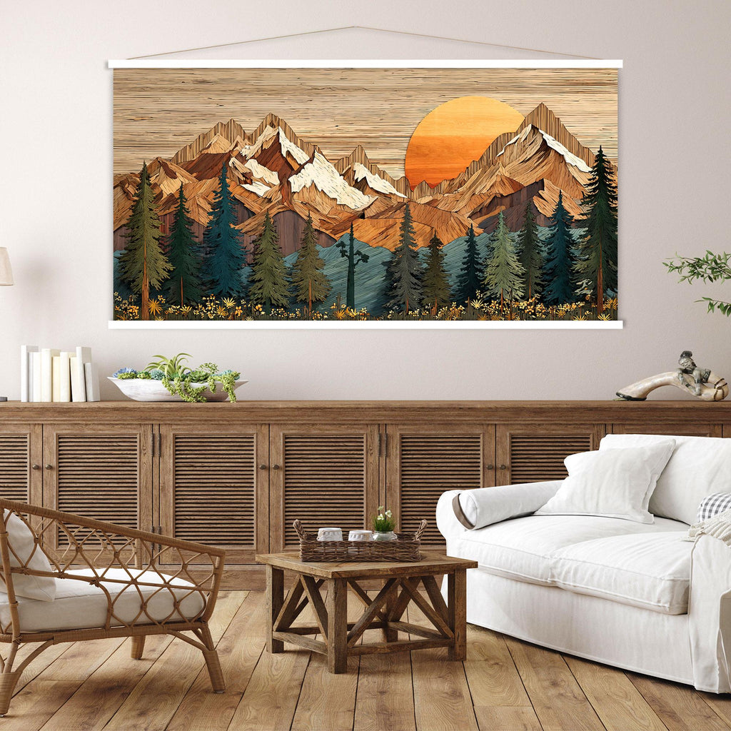 Wood Wall Art Mountain Canvas Wall Art Hanger, Wood Texture Canvas Print, Abstract Mountain Wall Art Living Room, Extra Large Wall Art
