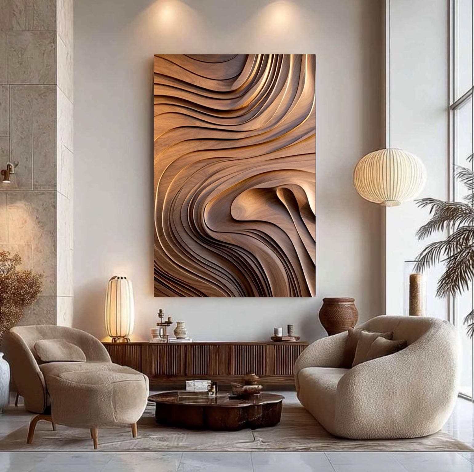Large Minimalist Rich Wooden Waves Canvas Wall Art | Oversized Neutral Abstract Textured Boho Decor