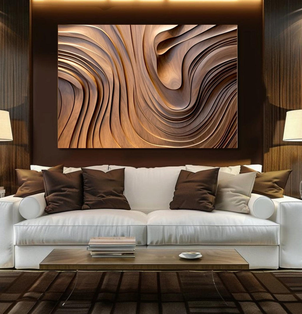 Large Minimalist Rich Wooden Waves Canvas Wall Art | Oversized Neutral Abstract Textured Boho Decor