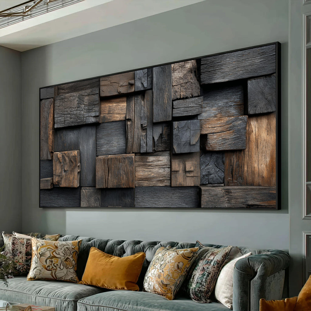 Rustic Wood Canvas Wall Art, Abstract Natural Timber Blocks, Brown And Black Wood Panels Home Decor, Wood Wall Art, Ready To Hang