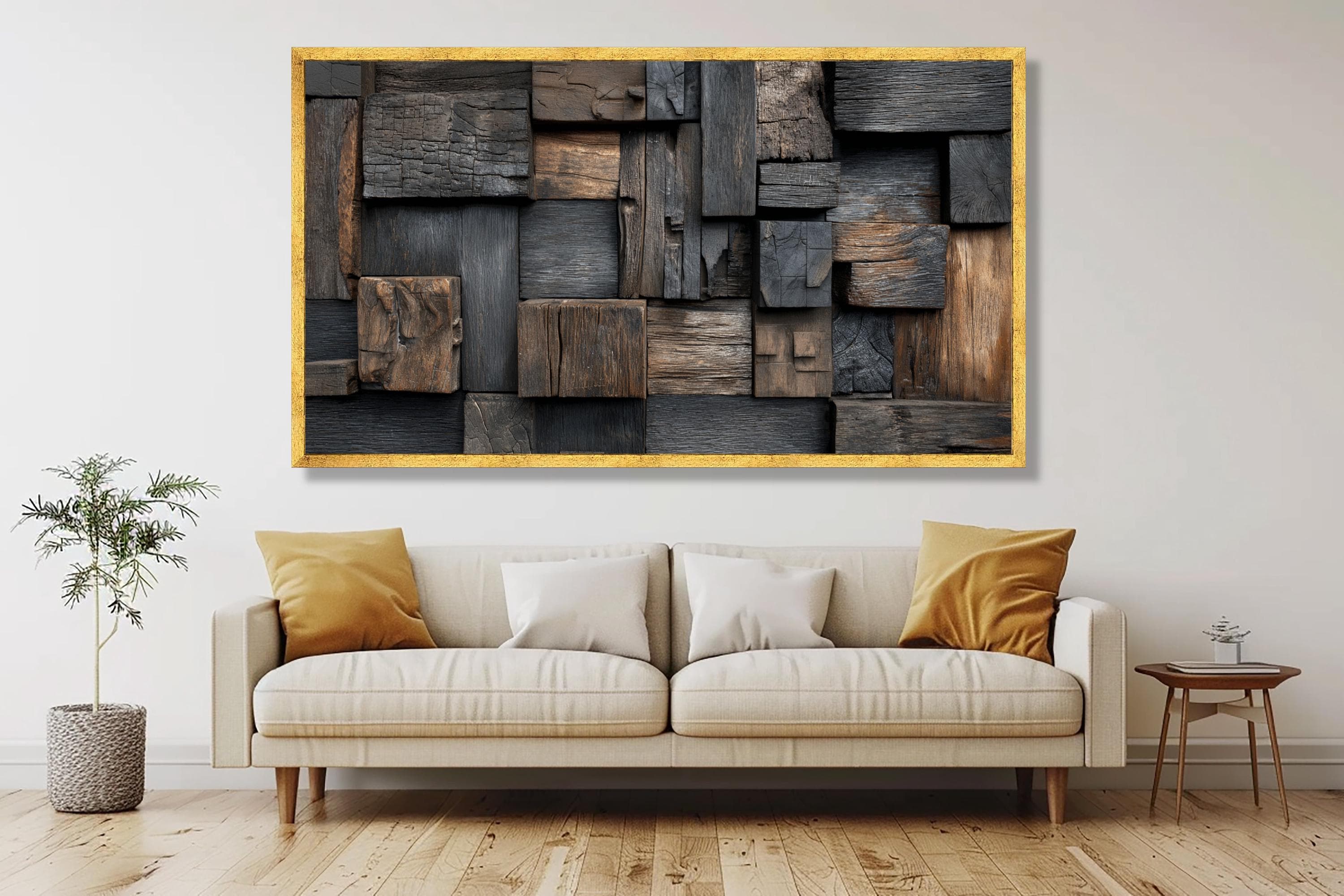 Rustic Wood Canvas Wall Art, Abstract Natural Timber Blocks, Brown And Black Wood Panels Home Decor, Wood Wall Art, Ready To Hang