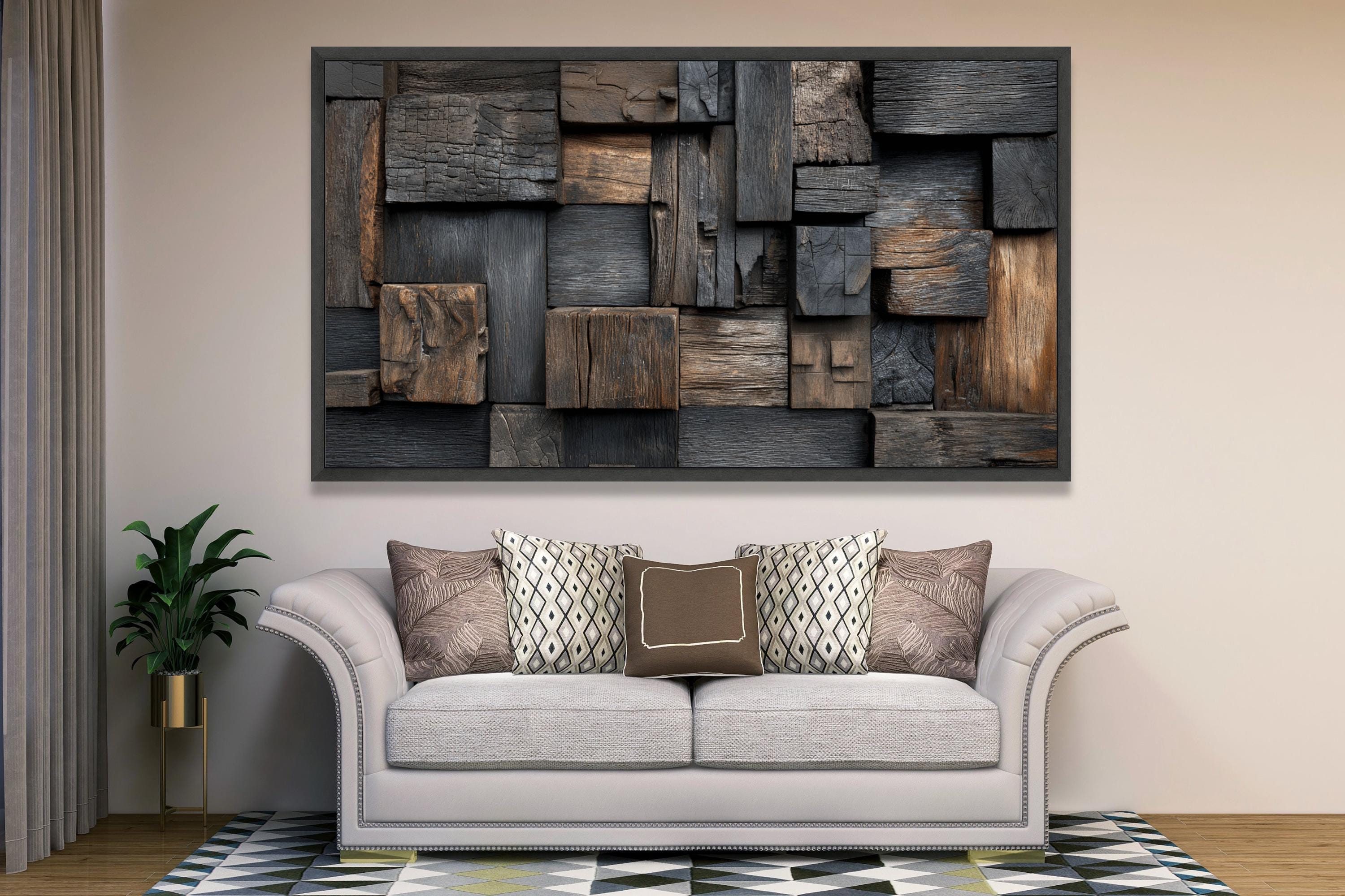 Rustic Wood Canvas Wall Art, Abstract Natural Timber Blocks, Brown And Black Wood Panels Home Decor, Wood Wall Art, Ready To Hang