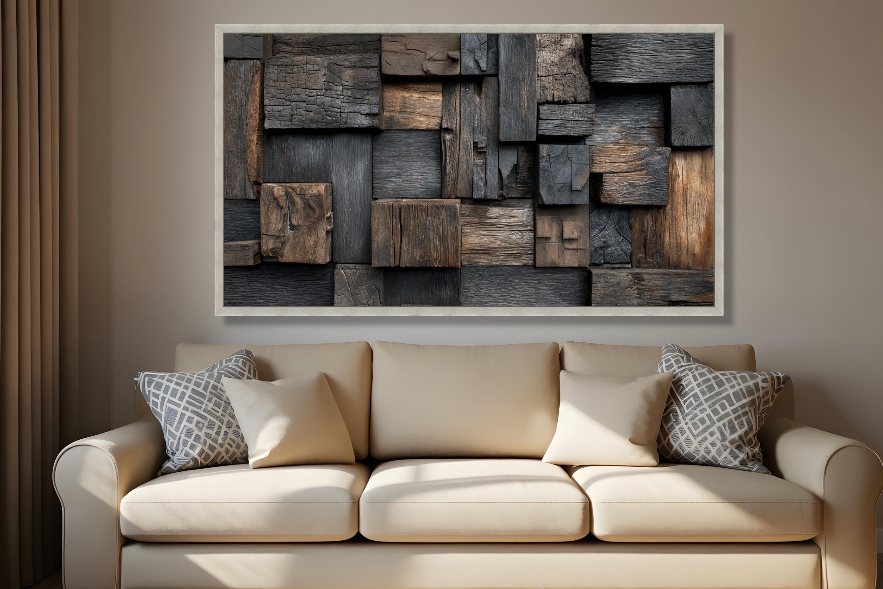 Rustic Wood Canvas Wall Art, Abstract Natural Timber Blocks, Brown And Black Wood Panels Home Decor, Wood Wall Art, Ready To Hang
