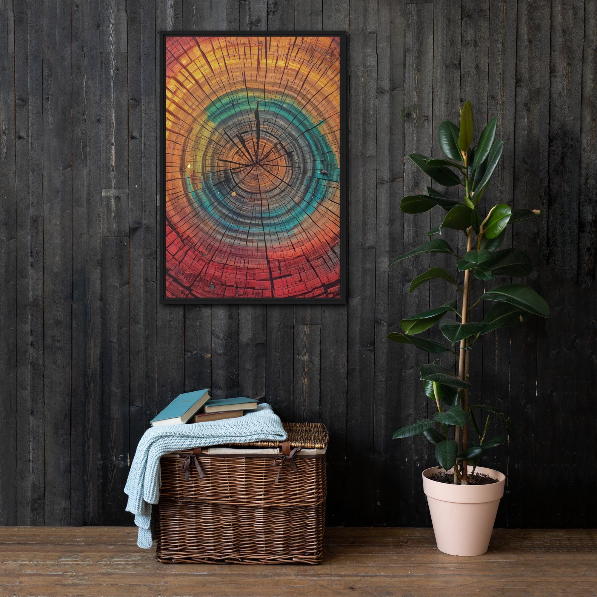 Wood Grain Tree Ring Art, Framed Print: Colourful