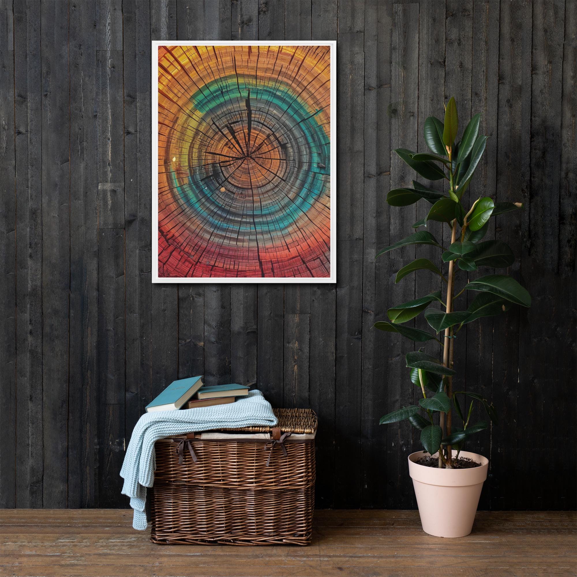 Wood Grain Tree Ring Art, Framed Print: Colourful