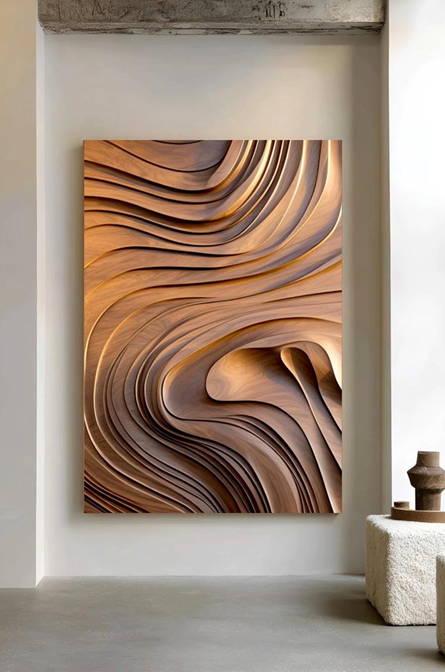 Large Minimalist Rich Wooden Waves Canvas Wall Art | Oversized Neutral Abstract Textured Boho Decor