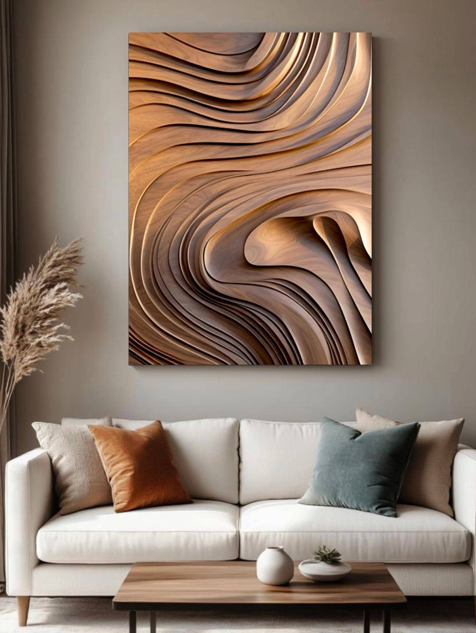Large Minimalist Rich Wooden Waves Canvas Wall Art | Oversized Neutral Abstract Textured Boho Decor