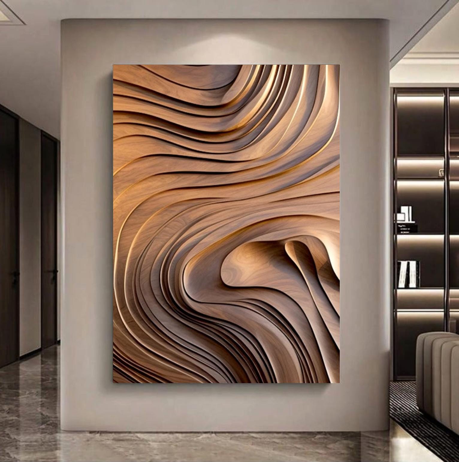 Large Minimalist Rich Wooden Waves Canvas Wall Art | Oversized Neutral Abstract Textured Boho Decor