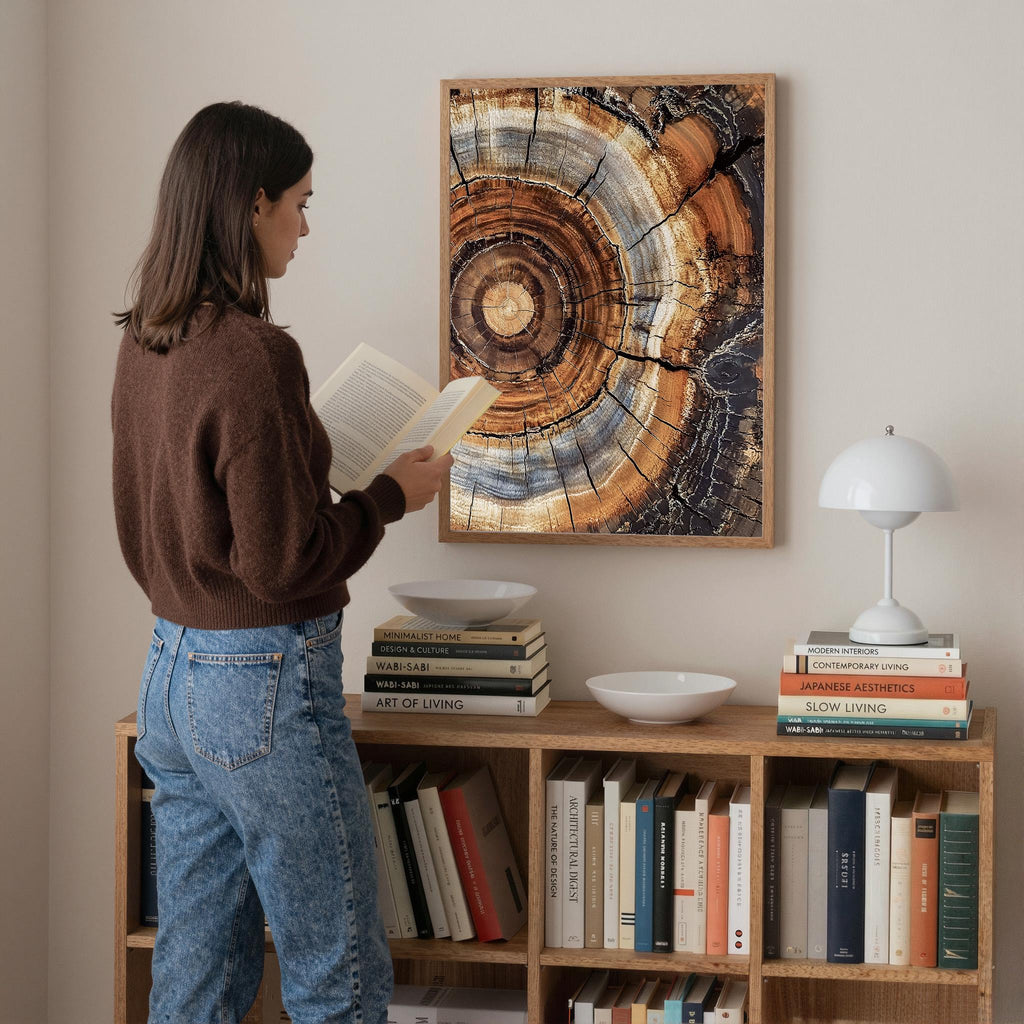 Morden Abstract Tree Rings Wall Art, Scandinavian Wood Rings Print, Nordic Woodcut Tree Rings Painting,  Abstract Neutral Boho Print