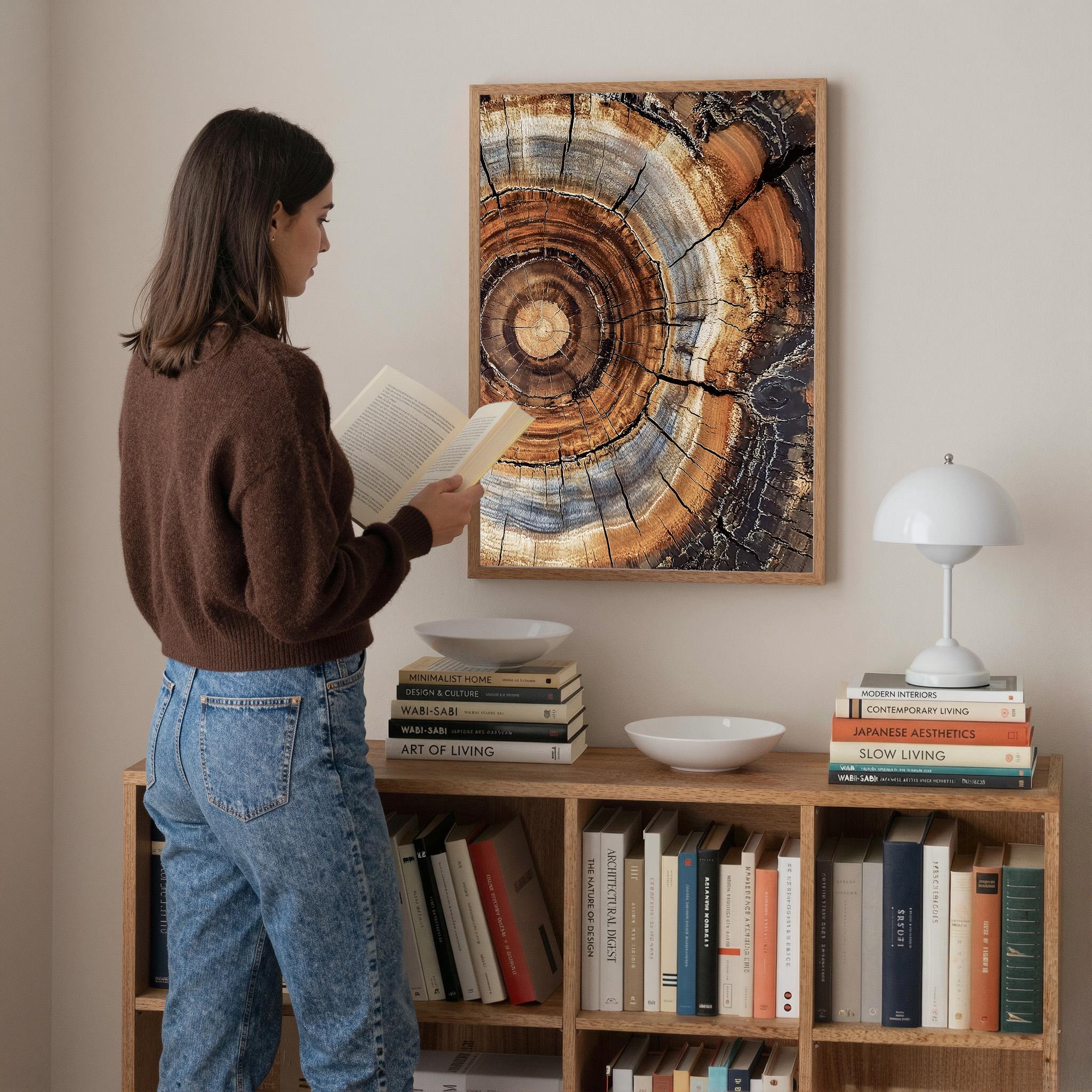 Morden Abstract Tree Rings Wall Art, Scandinavian Wood Rings Print, Nordic Woodcut Tree Rings Painting,  Abstract Neutral Boho Print