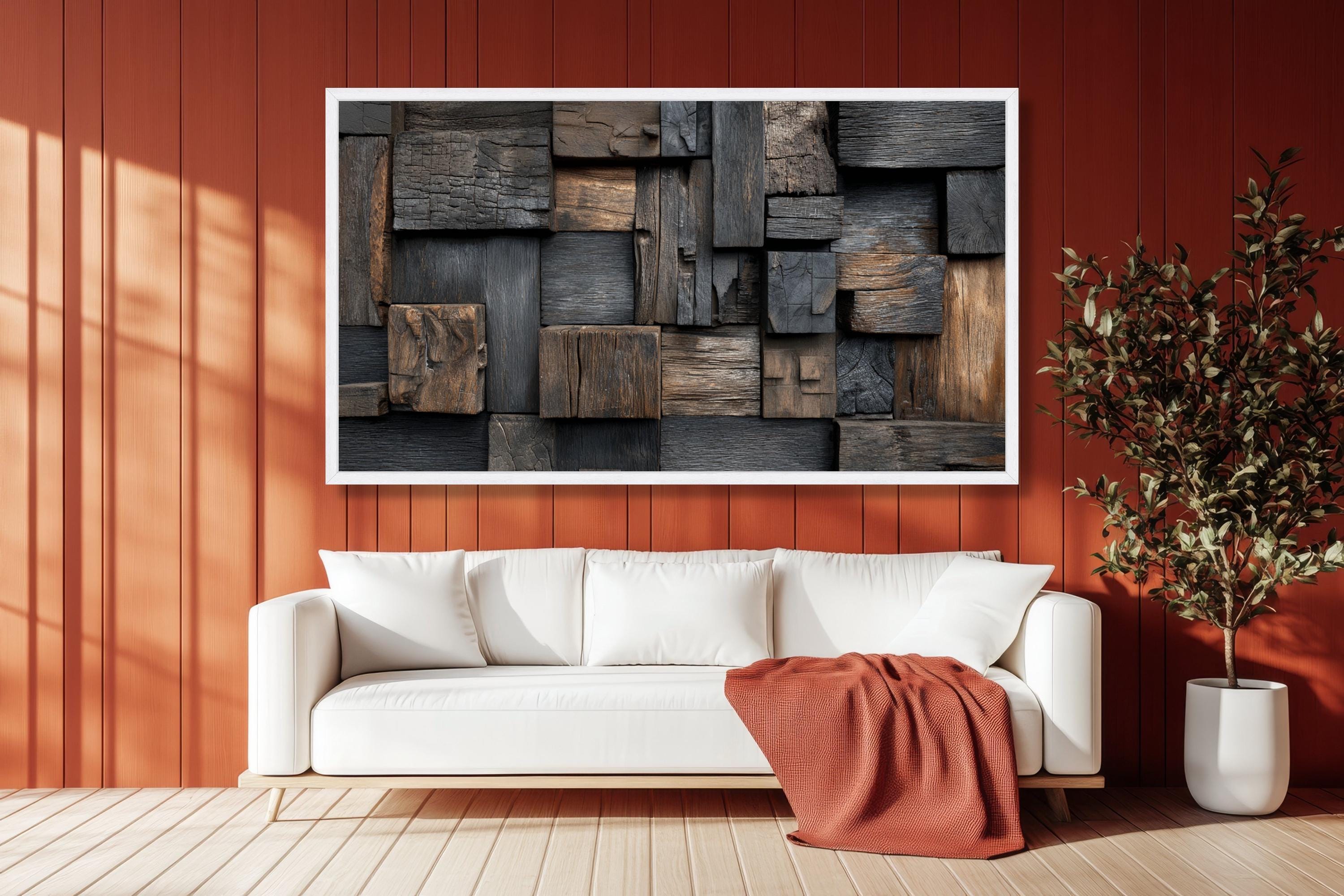 Rustic Wood Canvas Wall Art, Abstract Natural Timber Blocks, Brown And Black Wood Panels Home Decor, Wood Wall Art, Ready To Hang