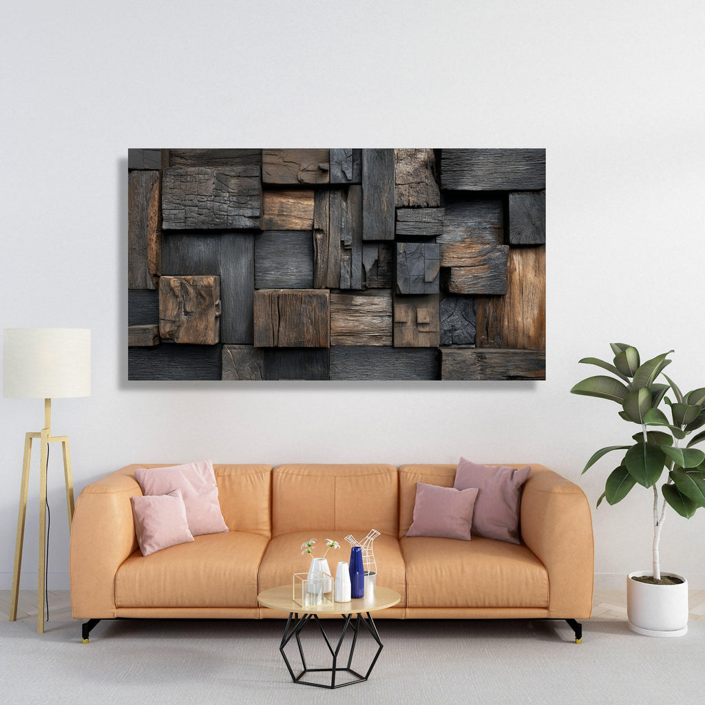 Rustic Wood Canvas Wall Art, Abstract Natural Timber Blocks, Brown And Black Wood Panels Home Decor, Wood Wall Art, Ready To Hang