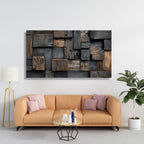 Rustic Wood Canvas Wall Art, Abstract Natural Timber Blocks, Brown And Black Wood Panels Home Decor, Wood Wall Art, Ready To Hang