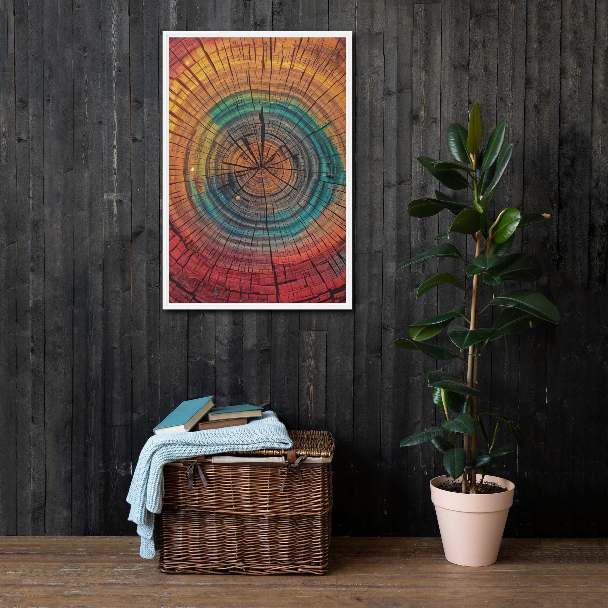 Wood Grain Tree Ring Art, Framed Print: Colourful