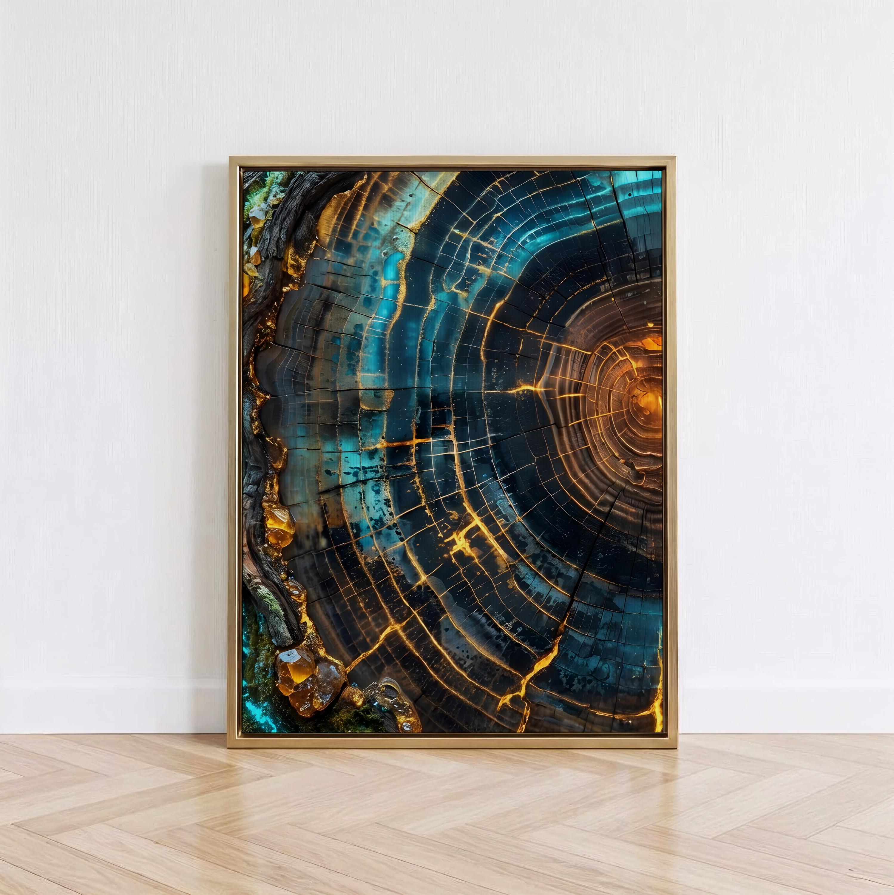 Modern Abstract Tree Ring Canvas Art, Blue and Gold Wood Slice Wall Decor, Luxury Nature Print for Living Room