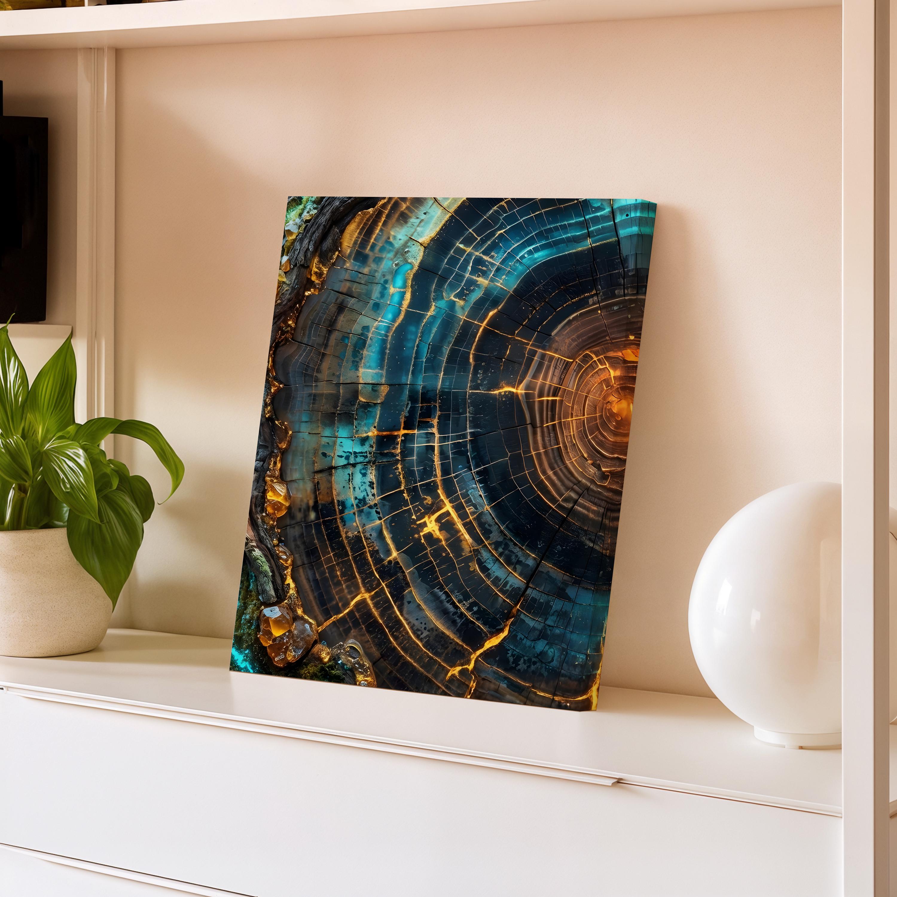 Modern Abstract Tree Ring Canvas Art, Blue and Gold Wood Slice Wall Decor, Luxury Nature Print for Living Room