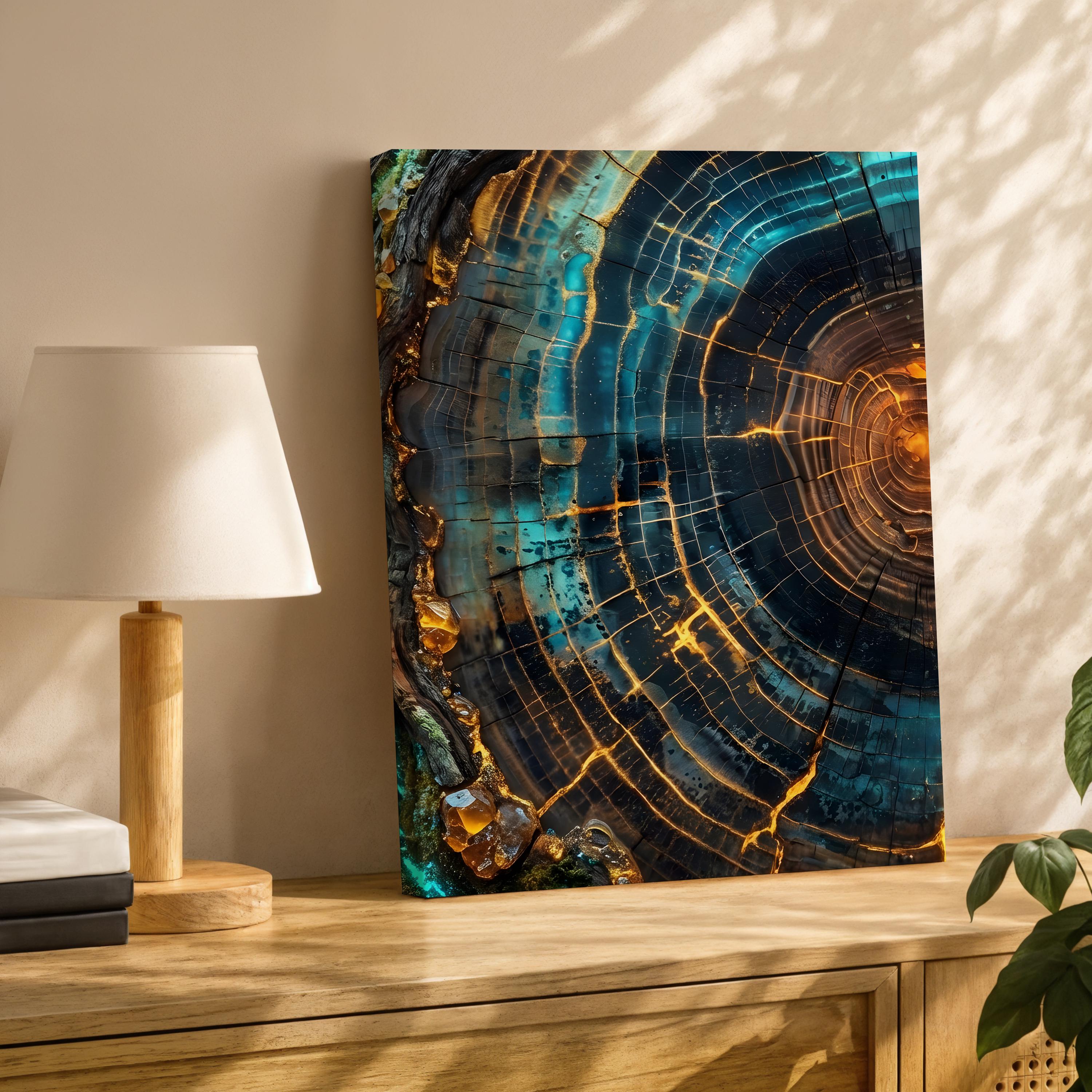 Modern Abstract Tree Ring Canvas Art, Blue and Gold Wood Slice Wall Decor, Luxury Nature Print for Living Room