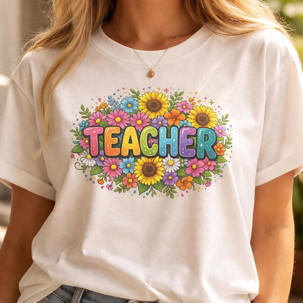 Teacher Shirt Floral Retro, Colorful Teacher T-Shirt, Cute Teacher Gift, Kindergarten Teacher Tee, Back to School Outfit, Gift for Her
