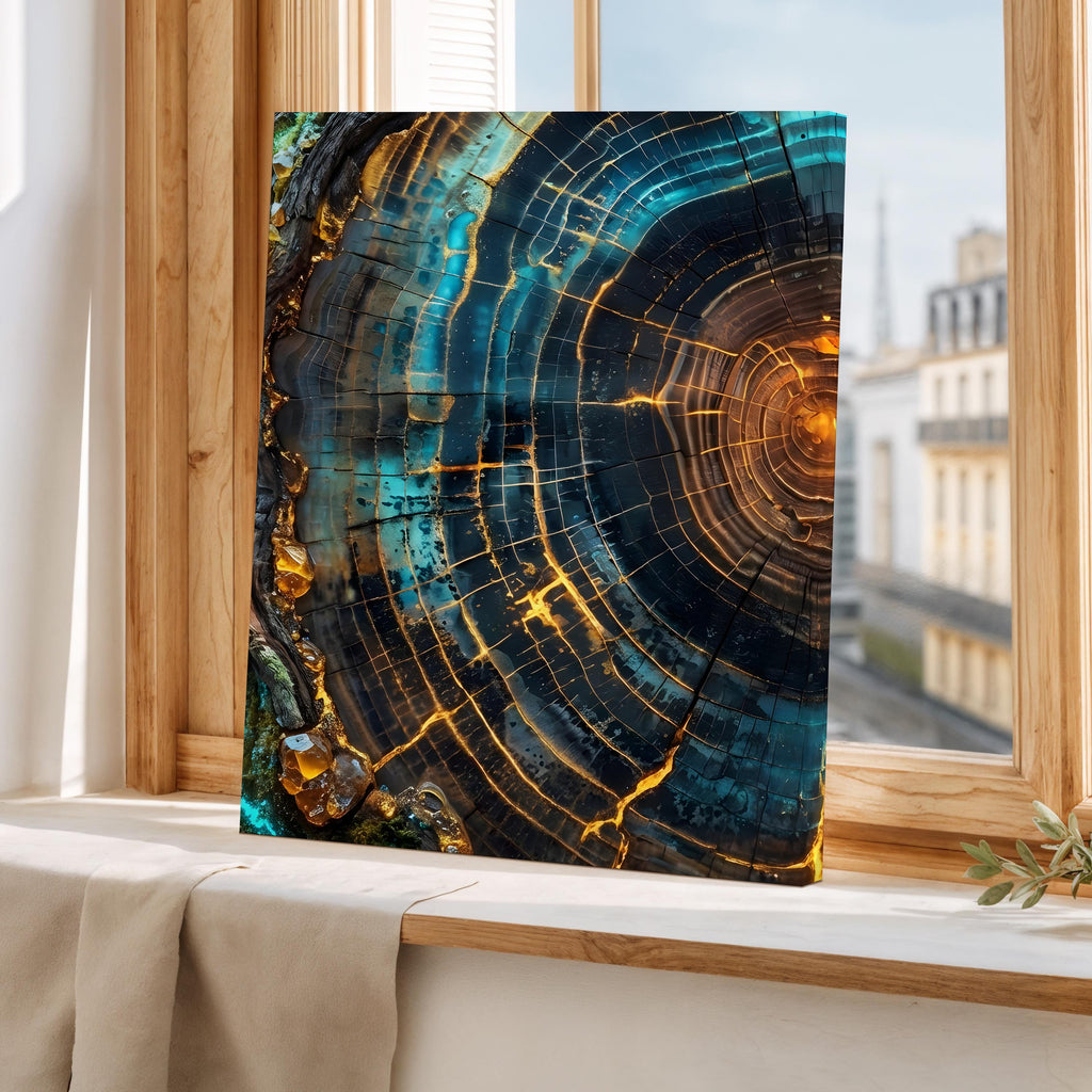 Modern Abstract Tree Ring Canvas Art, Blue and Gold Wood Slice Wall Decor, Luxury Nature Print for Living Room