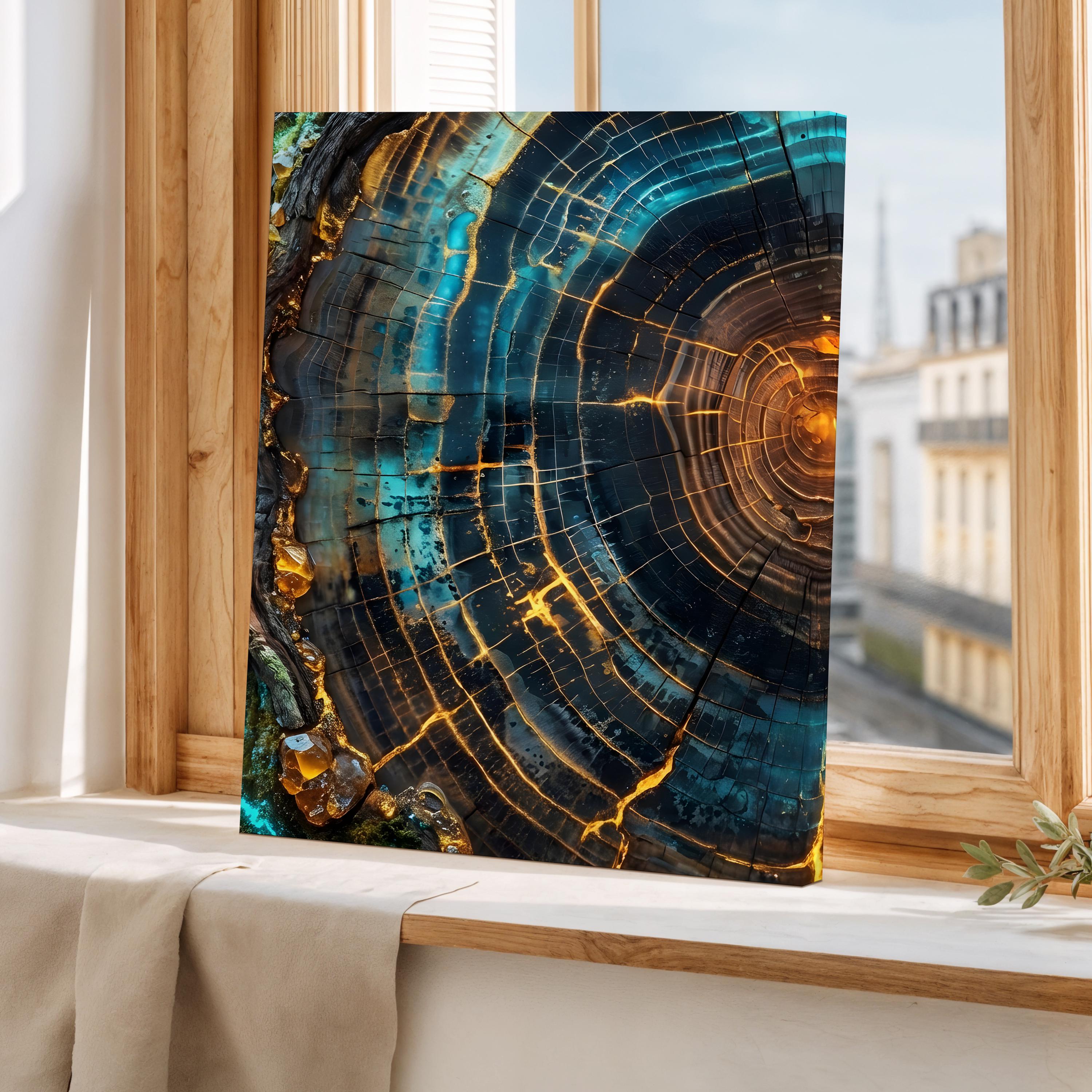 Modern Abstract Tree Ring Canvas Art, Blue and Gold Wood Slice Wall Decor, Luxury Nature Print for Living Room