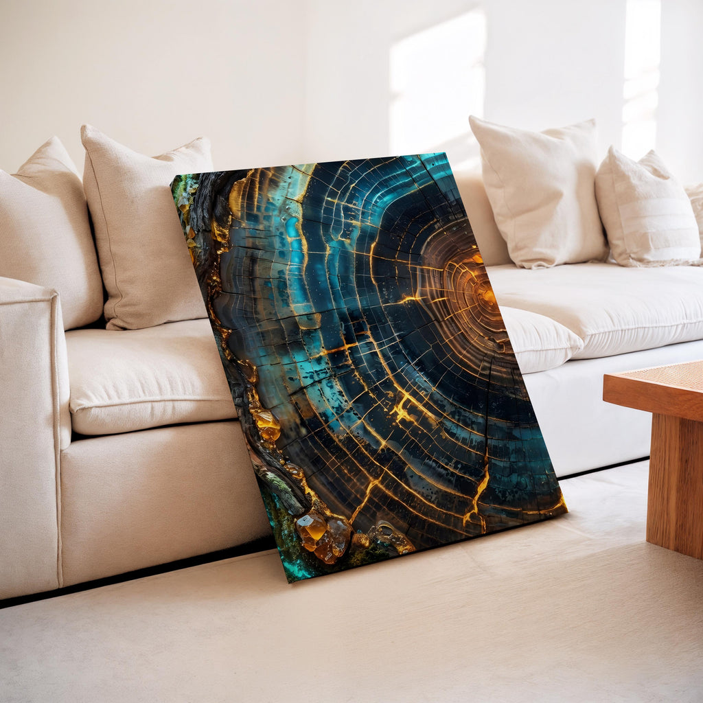 Modern Abstract Tree Ring Canvas Art, Blue and Gold Wood Slice Wall Decor, Luxury Nature Print for Living Room