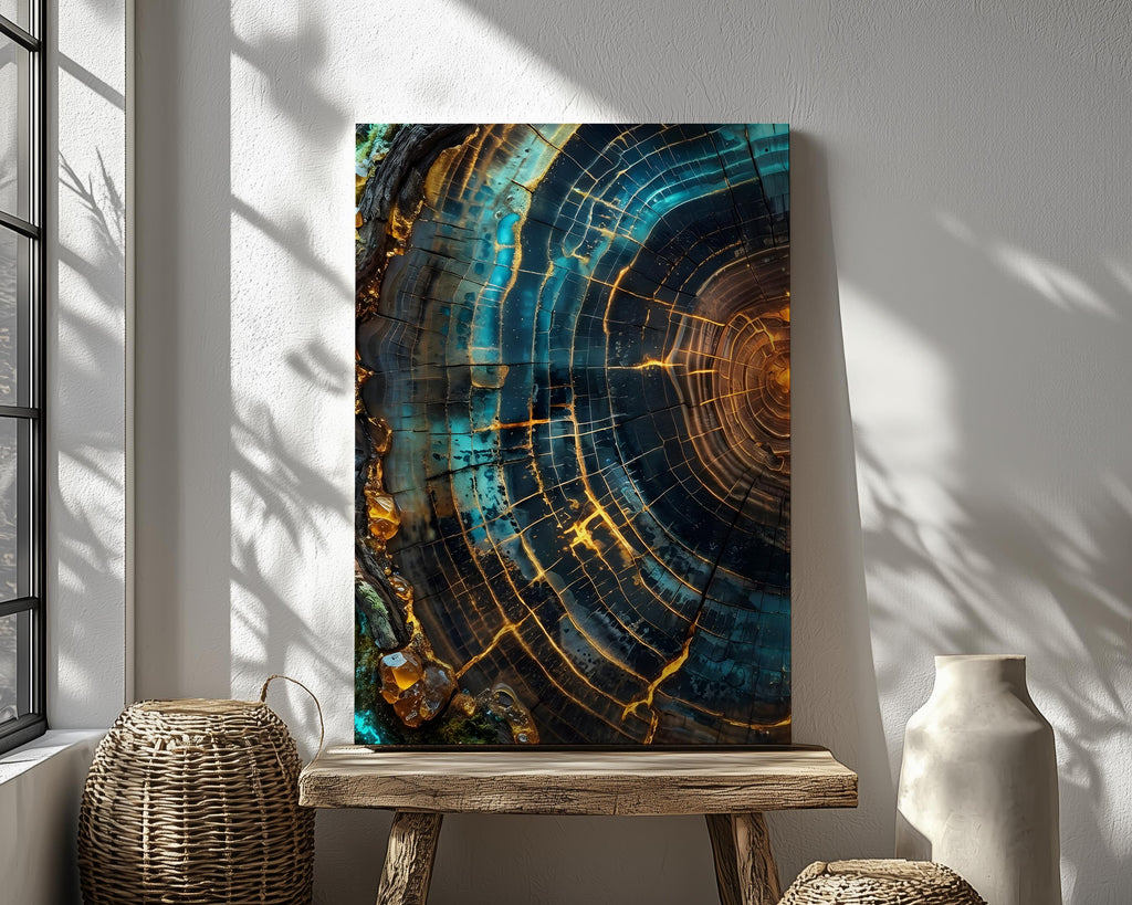 Modern Abstract Tree Ring Canvas Art, Blue and Gold Wood Slice Wall Decor, Luxury Nature Print for Living Room