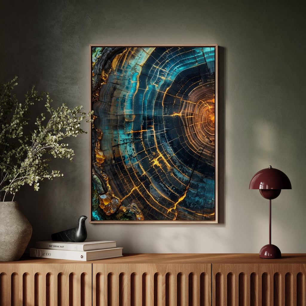 Modern Abstract Tree Ring Canvas Art, Blue and Gold Wood Slice Wall Decor, Luxury Nature Print for Living Room