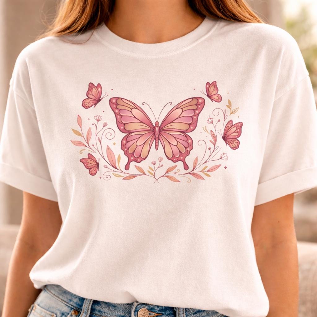 Butterfly Shirt Women, Pink Butterfly T Shirt, Aesthetic Graphic Tee, Cute Boho Shirt, Vintage Style Top, Gift for Her, Soft Girl Outfit