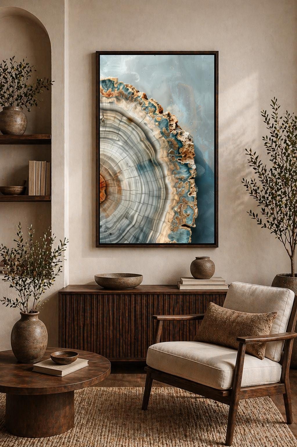 Petrified Wood Canvas Print, Blue Tree Ring Artwork, Organic Modern Framed Decor