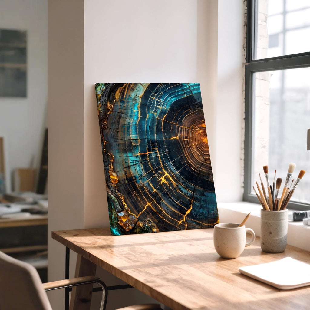 Modern Abstract Tree Ring Canvas Art, Blue and Gold Wood Slice Wall Decor, Luxury Nature Print for Living Room